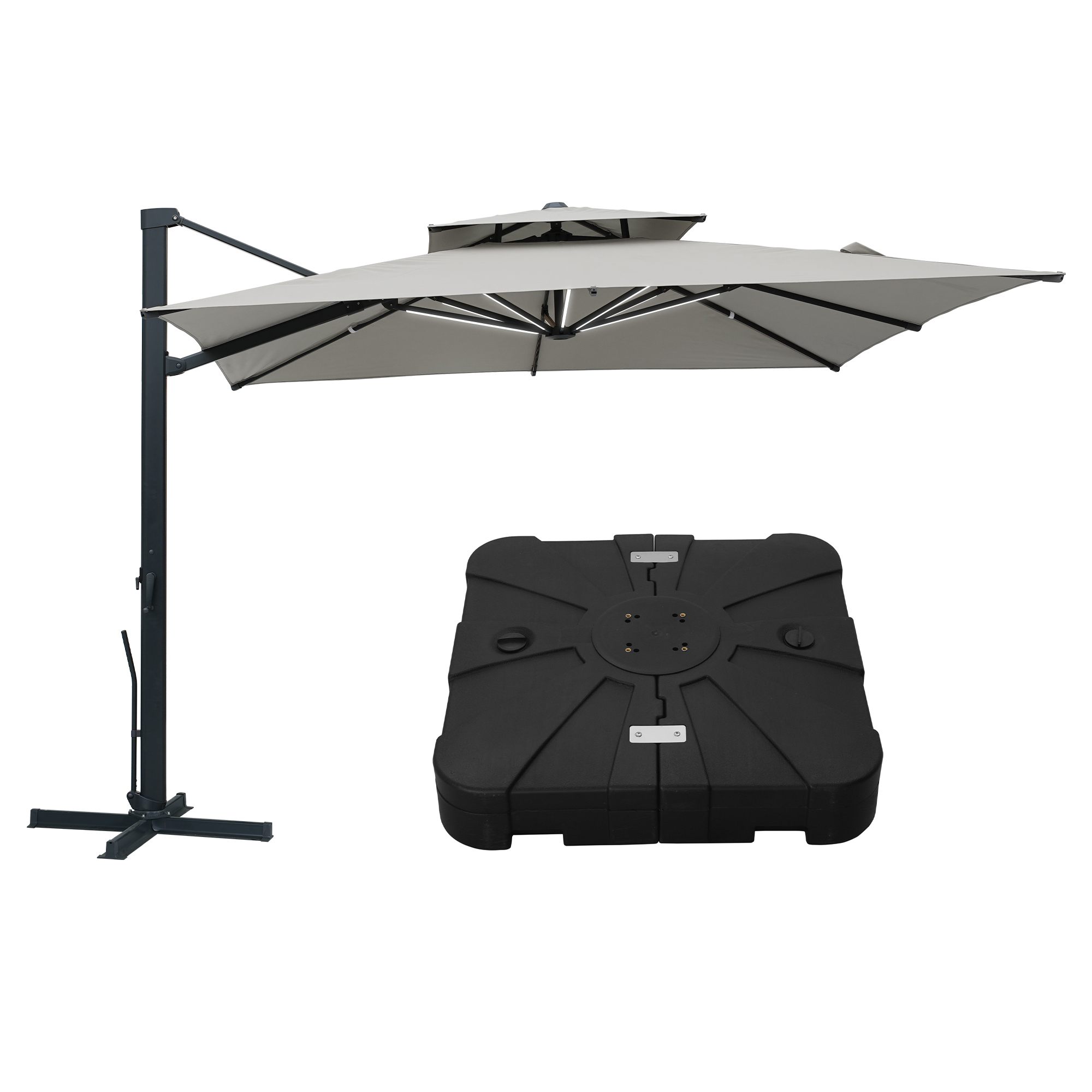 Aluminum Cantilever Patio Umbrella with Tilt Function, Removable Light Bar, and Base Included