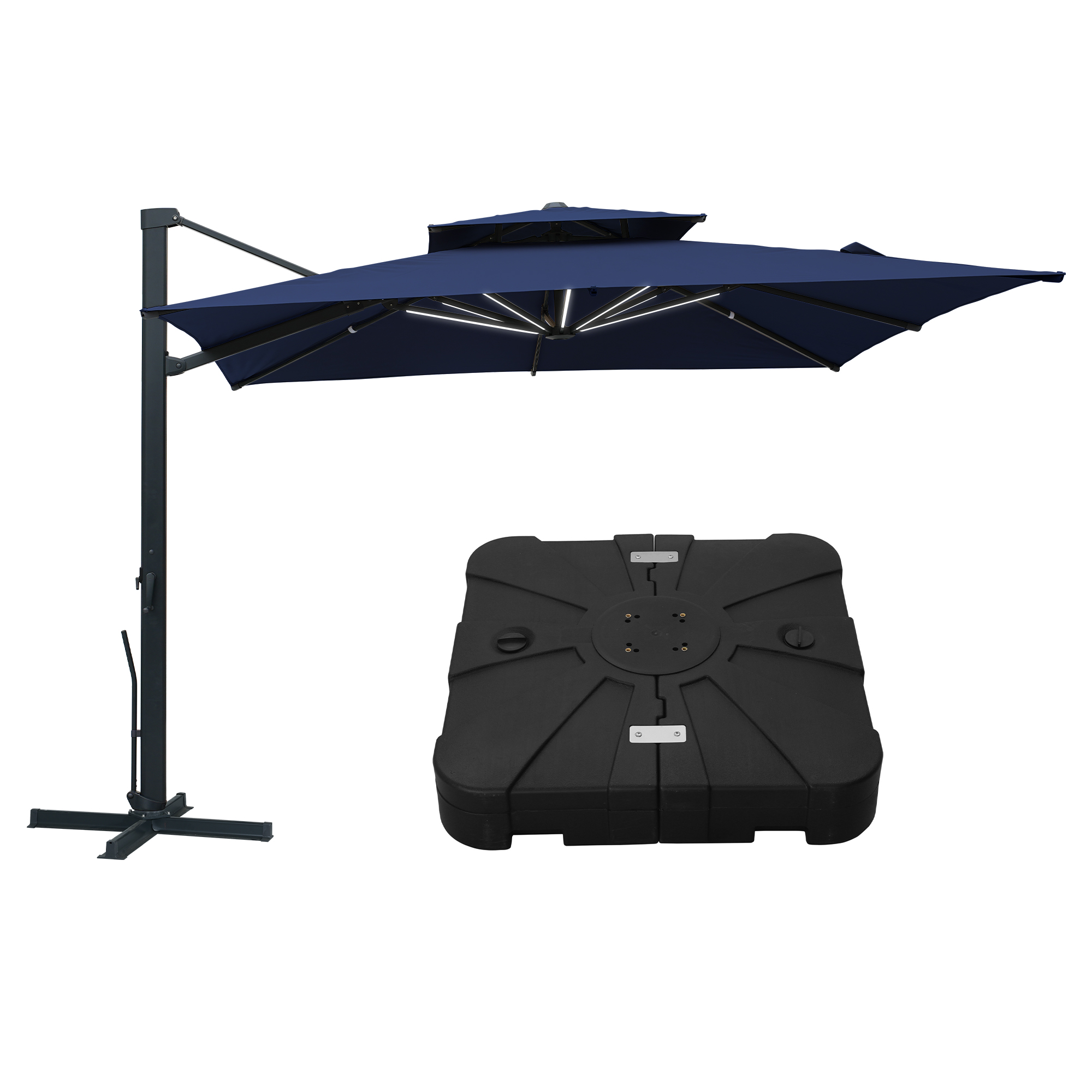 Aluminum Cantilever Patio Umbrella with Tilt Function, Removable Light Bar, and Base Included