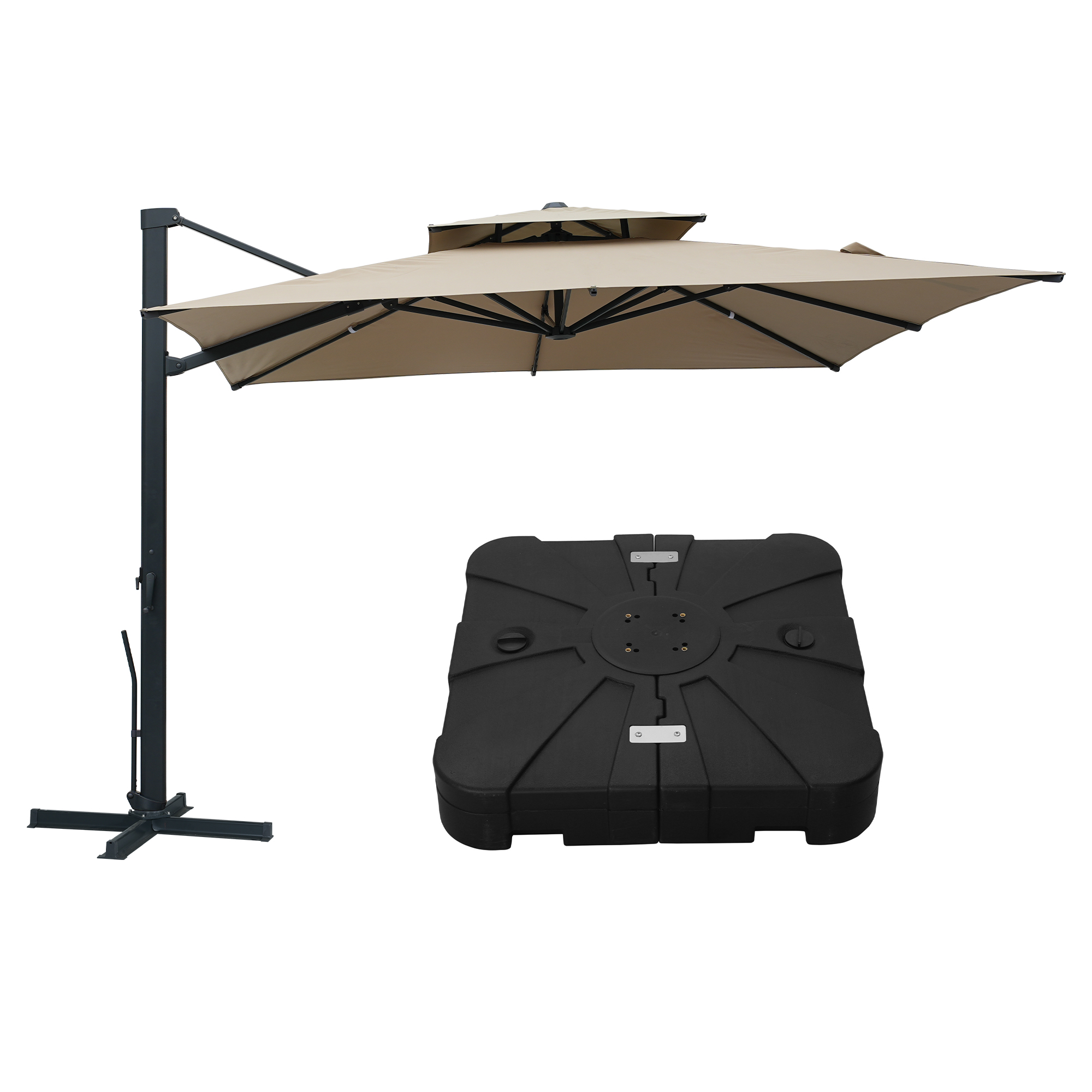 Aluminum Cantilever Patio Umbrella with Tilt Function, Removable Light Bar, and Base Included