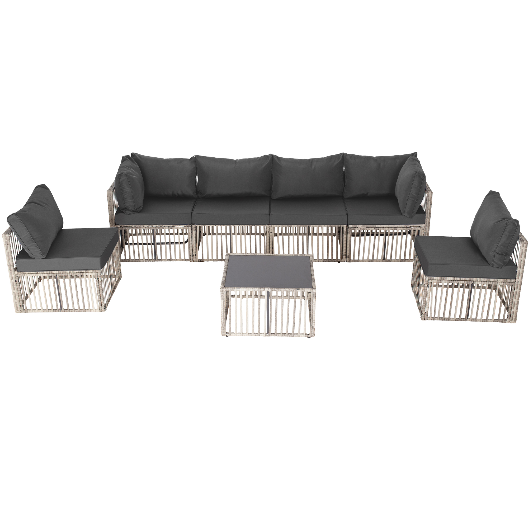 7-Piece Outdoor Patio Furniture Set – PE Rattan Sectional Sofa with Cushions & Coffee Table, All-Weather Wicker, Removable Covers，Gray/Blue/Brown