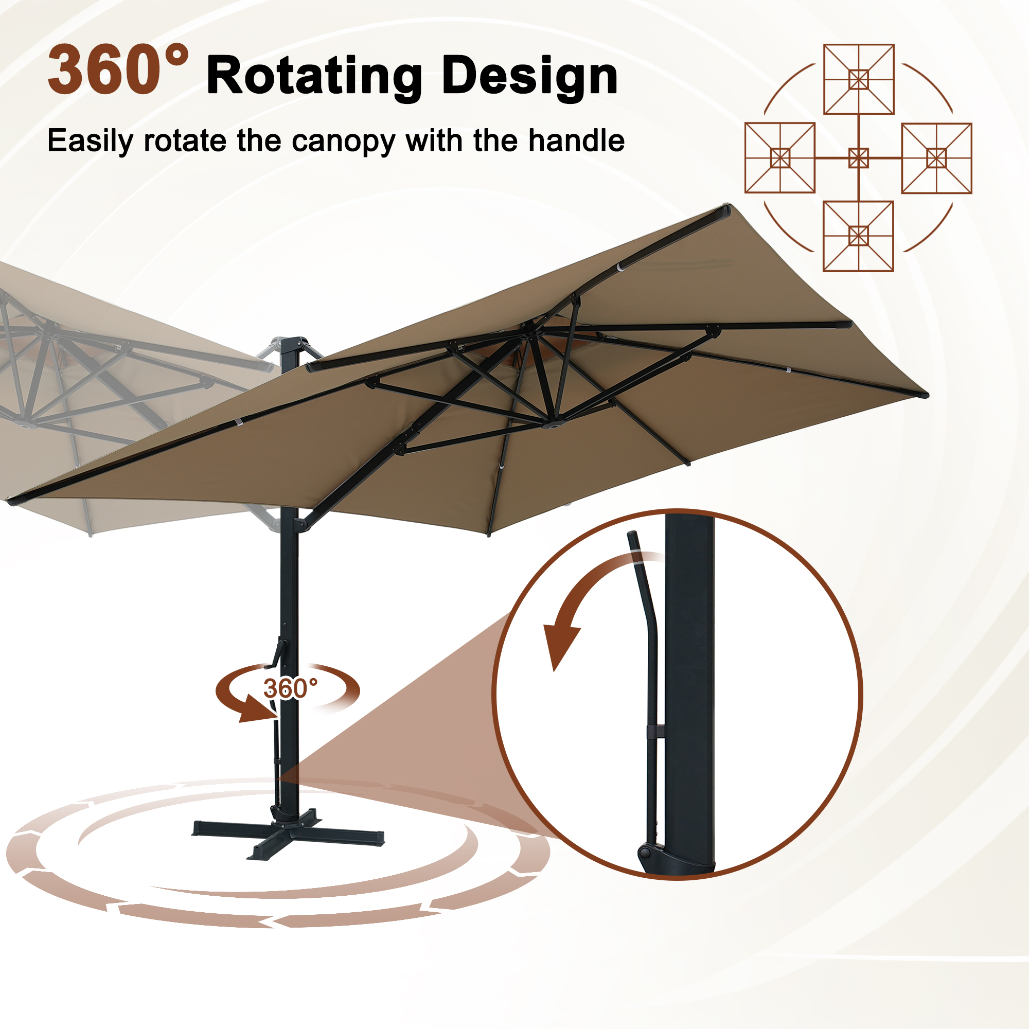 Aluminum Cantilever Patio Umbrella with Tilt Function, Removable Light Bar, and Base Included