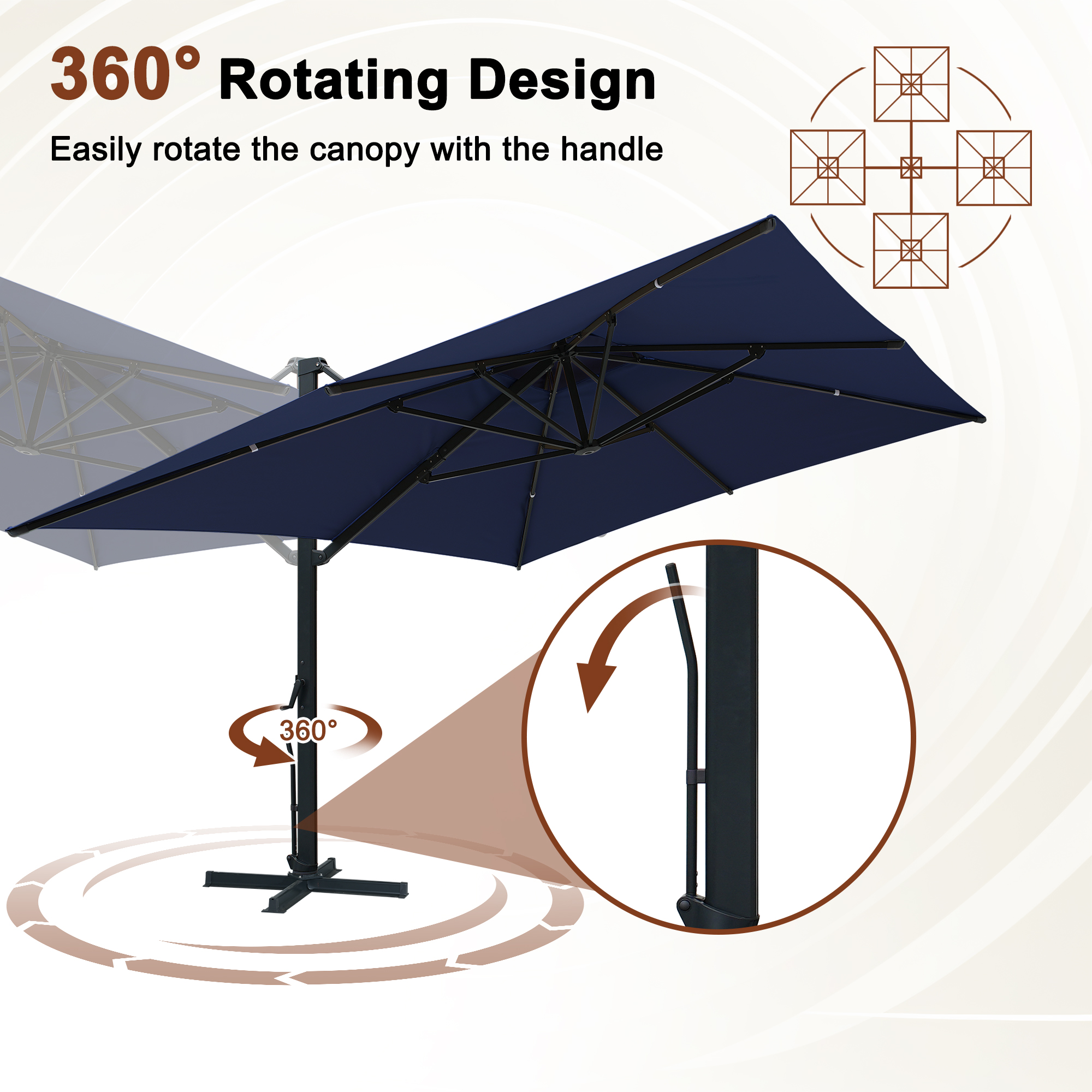Aluminum Cantilever Patio Umbrella with Tilt Function, Removable Light Bar, and Base Included
