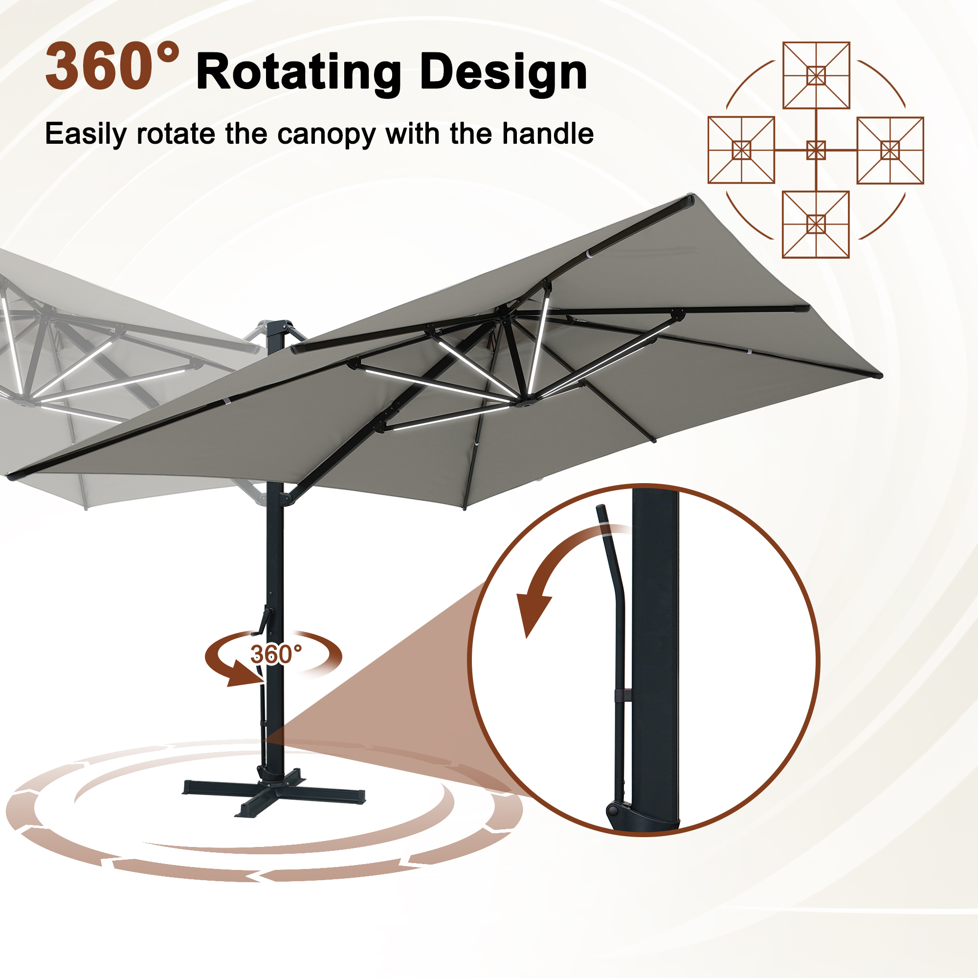 Aluminum Cantilever Patio Umbrella with Tilt Function, Removable Light Bar, and Base Included