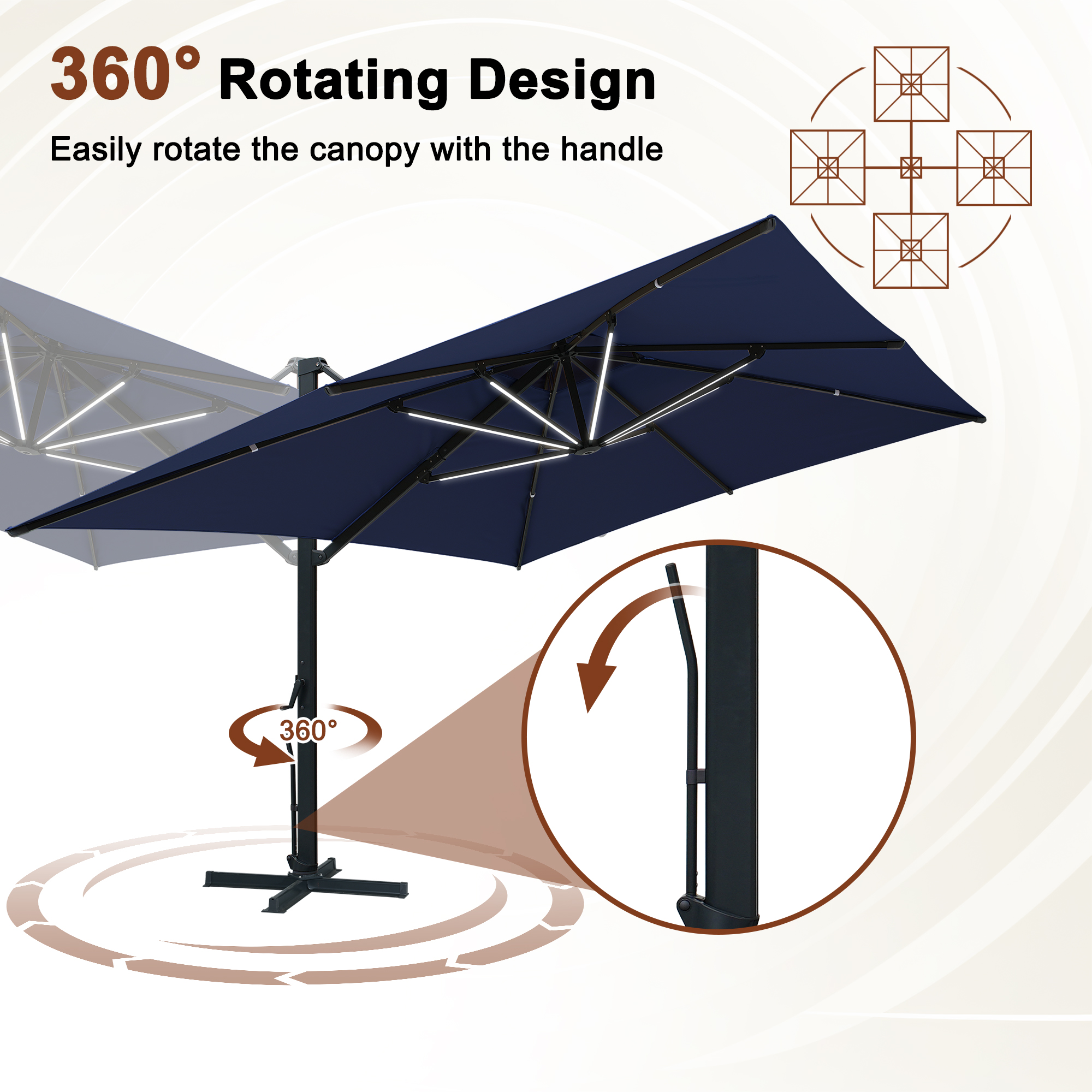 Aluminum Cantilever Patio Umbrella with Tilt Function, Removable Light Bar, and Base Included