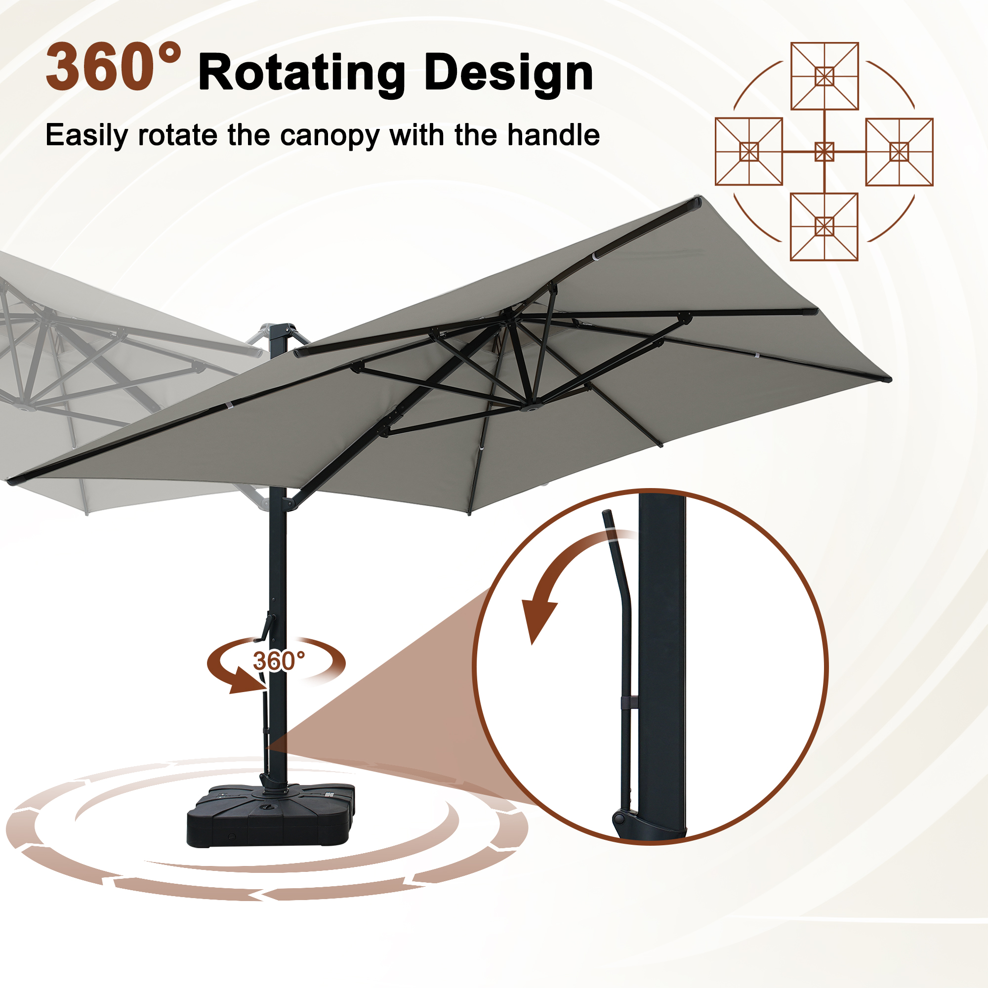 Aluminum Cantilever Patio Umbrella with Tilt Function, Removable Light Bar, and Base Included