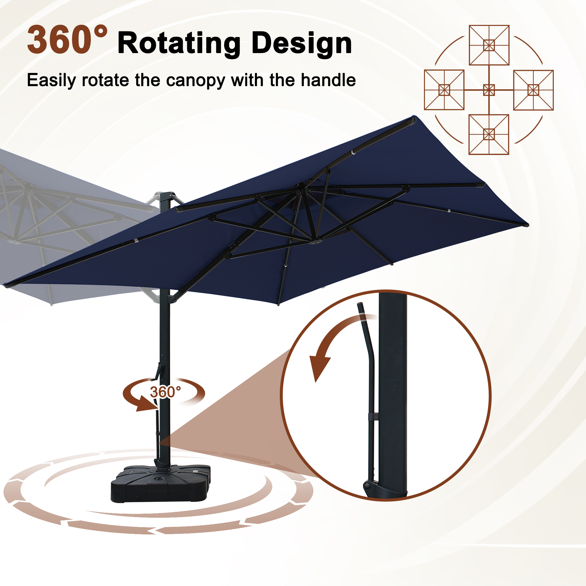 Aluminum Cantilever Patio Umbrella with Tilt Function, Removable Light Bar, and Base Included