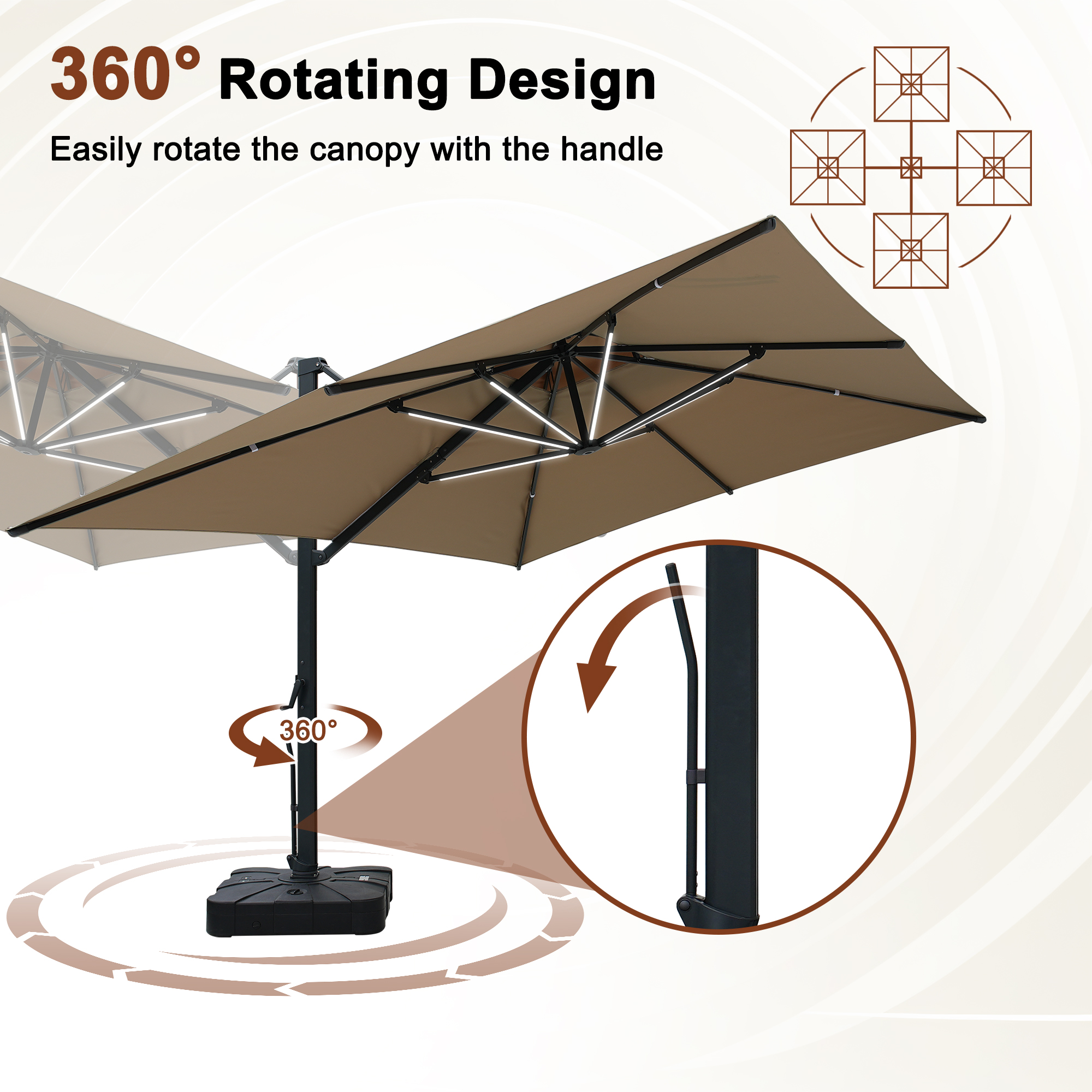 Aluminum Cantilever Patio Umbrella with Tilt Function, Removable Light Bar, and Base Included