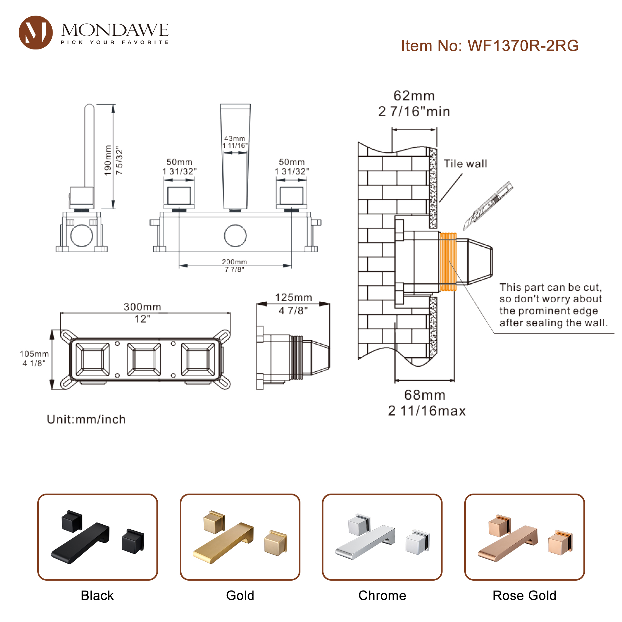 Mondawe Spot Free Widespread Wall Mount 3-Hole Sink  Water Tap with Double Handle-Mondawe