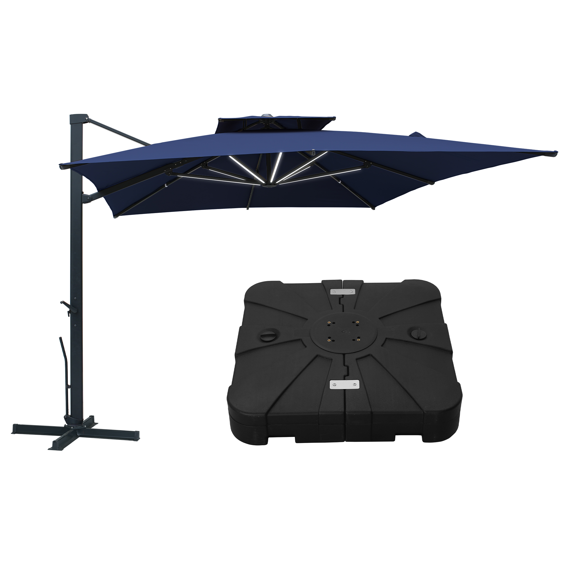 Aluminum Cantilever Patio Umbrella with Tilt Function, Removable Light Bar, and Base Included