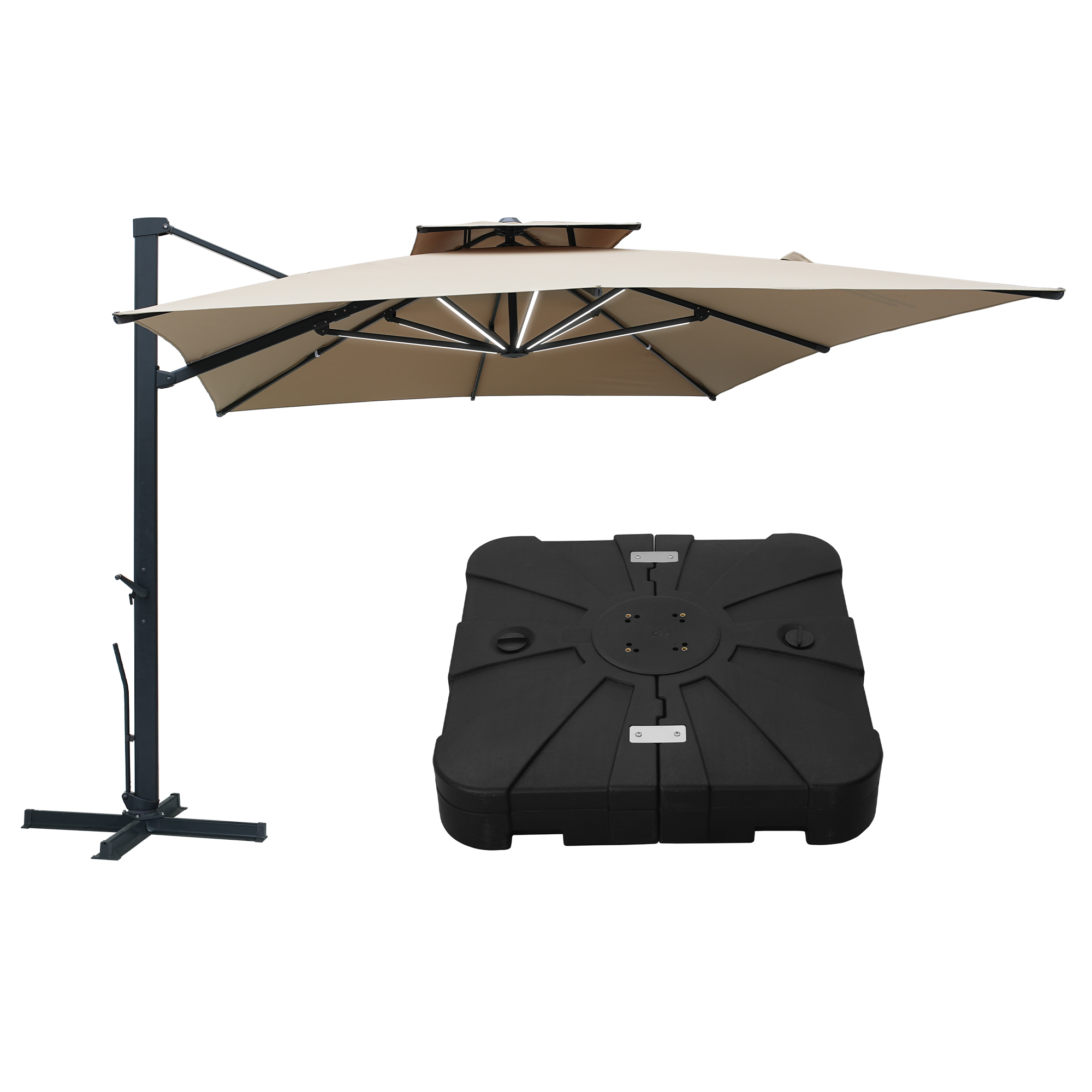 10-Ft Aluminum Patio Cantilever Umbrella with Base and Removable Lights