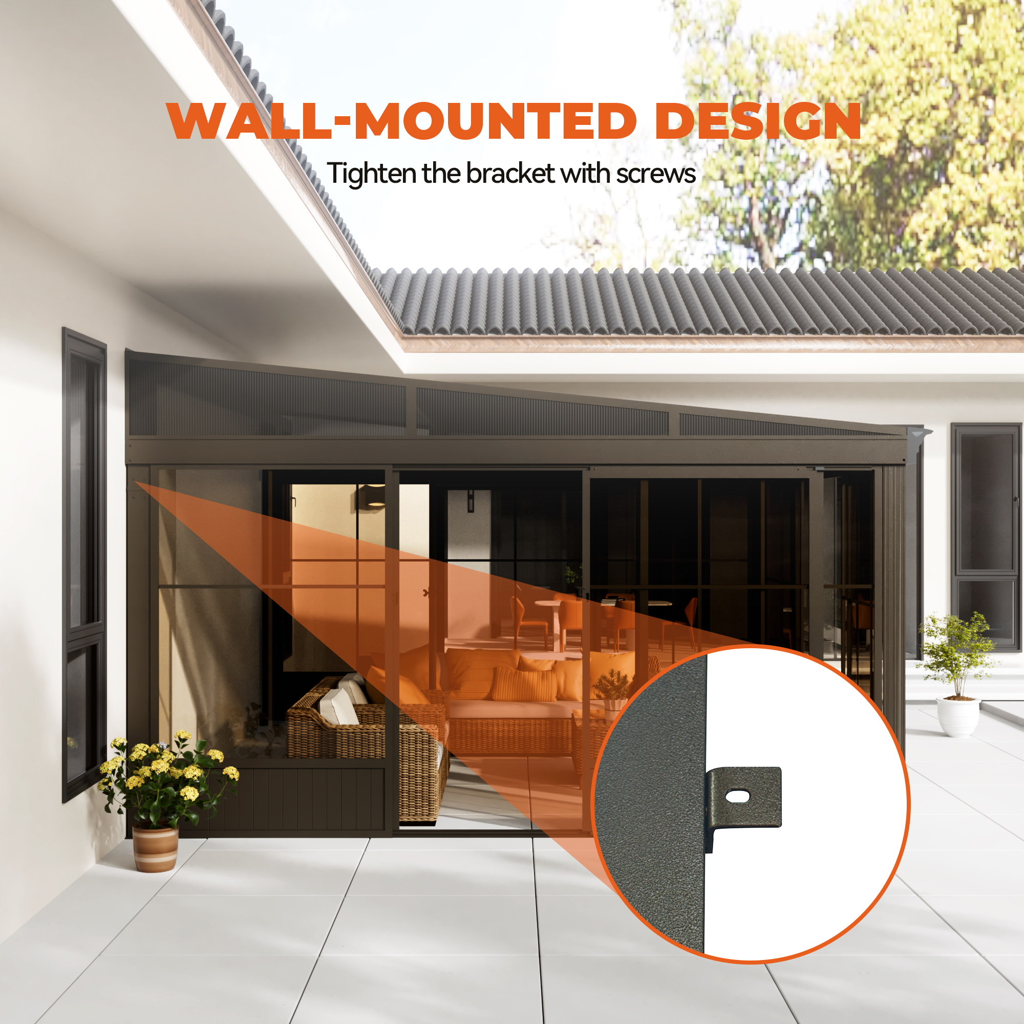 12 ft. x 14 ft. Wall Mounted Gazebo, All-Season Patio Gazebo Sunroom with Side Door, Outdoor Permanent Sunroom