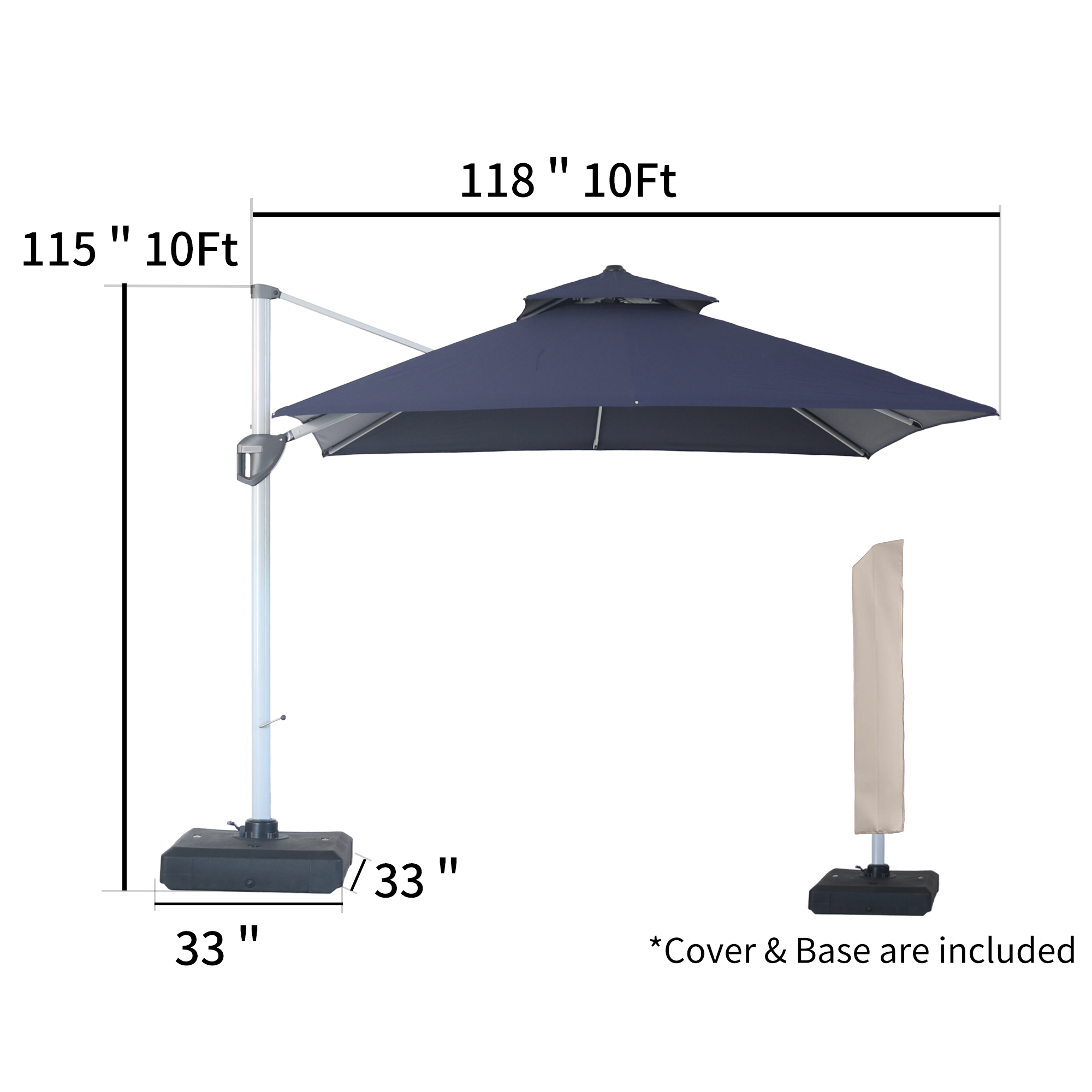 10/11ft Square Cantilever Patio Umbrella with 5 Adjustable Angles, Outdoor Sunshade with Base for Deck, Garden, or Pool