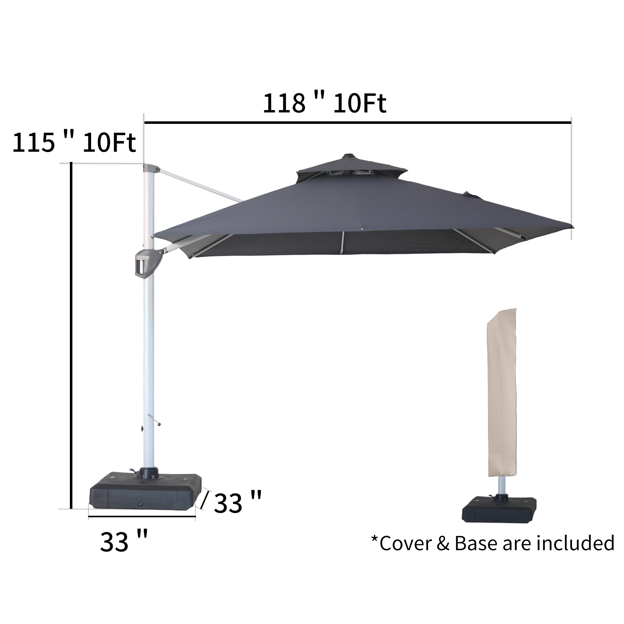 10/11ft Square Cantilever Patio Umbrella with 5 Adjustable Angles, Outdoor Sunshade with Base for Deck, Garden, or Pool