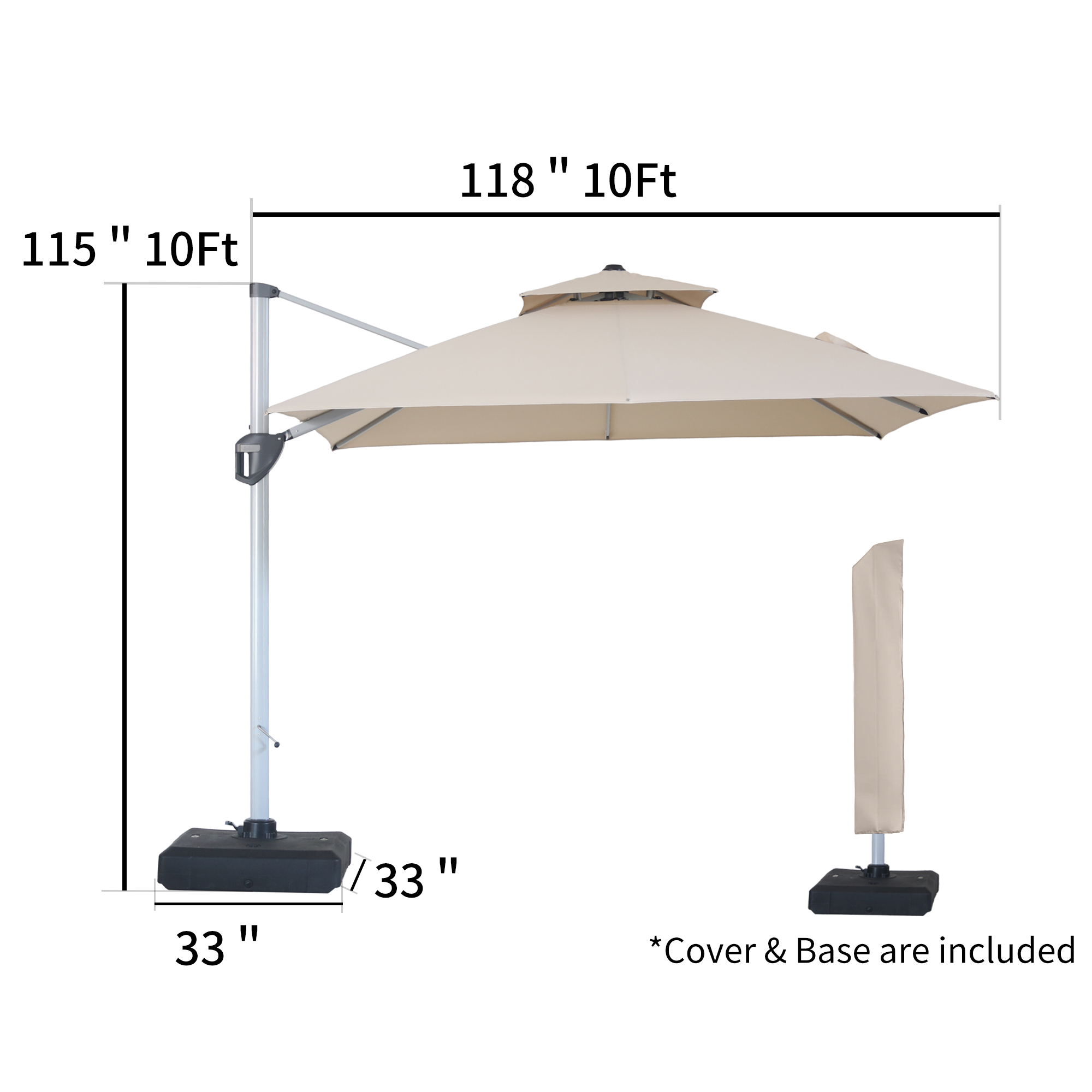 10/11ft Square Cantilever Patio Umbrella with 5 Adjustable Angles, Outdoor Sunshade with Base for Deck, Garden, or Pool
