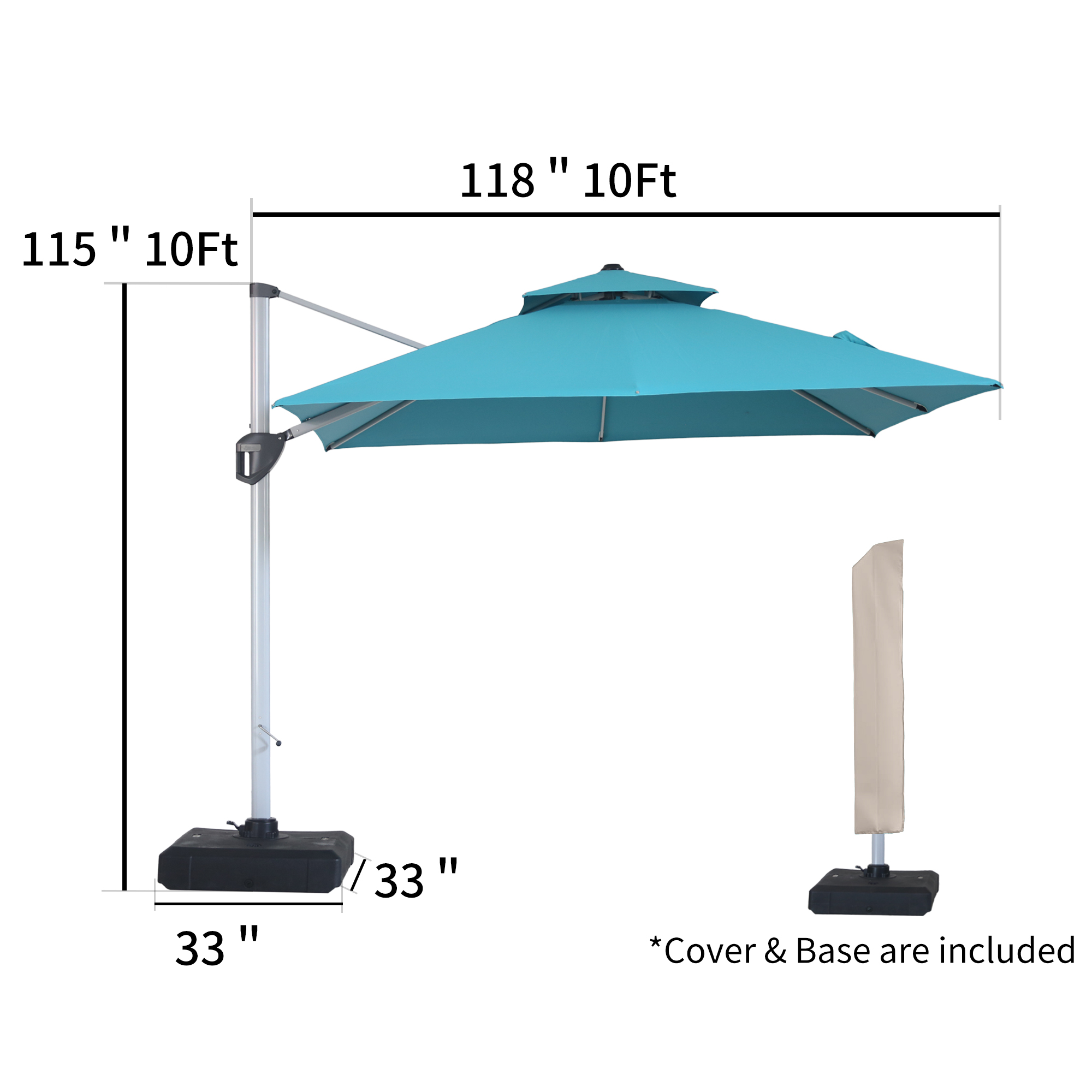 10/11ft Square Cantilever Patio Umbrella with 5 Adjustable Angles, Outdoor Sunshade with Base for Deck, Garden, or Pool