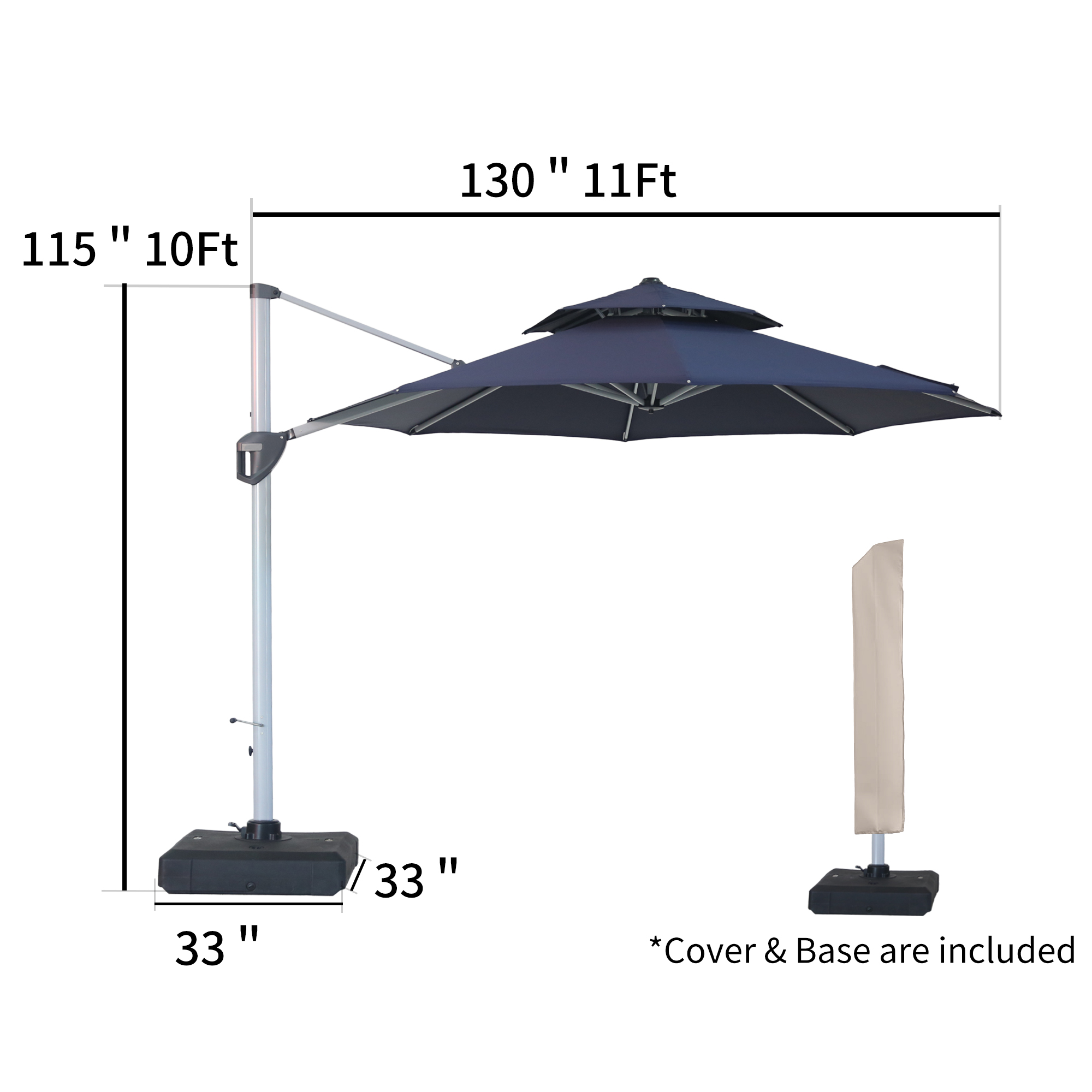 10/11ft Square Cantilever Patio Umbrella with 5 Adjustable Angles, Outdoor Sunshade with Base for Deck, Garden, or Pool
