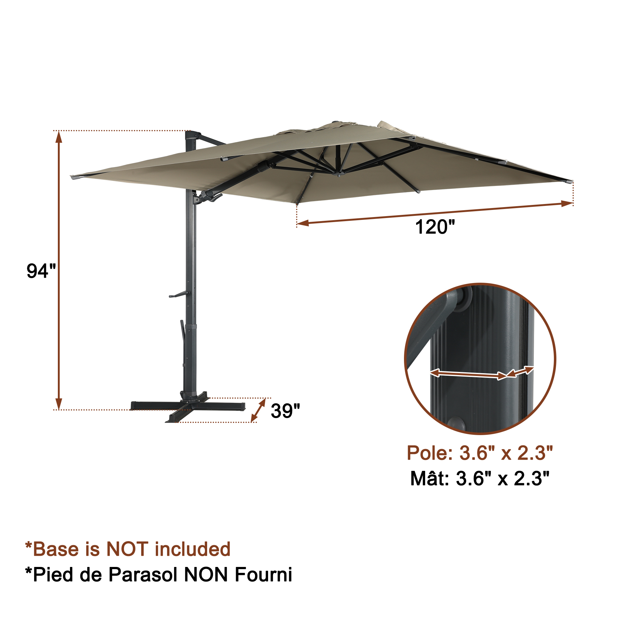 Square Aluminum Cantilever Patio Umbrella with 90° Tilt, LED & Bluetooth Mood Light, and Base Included
