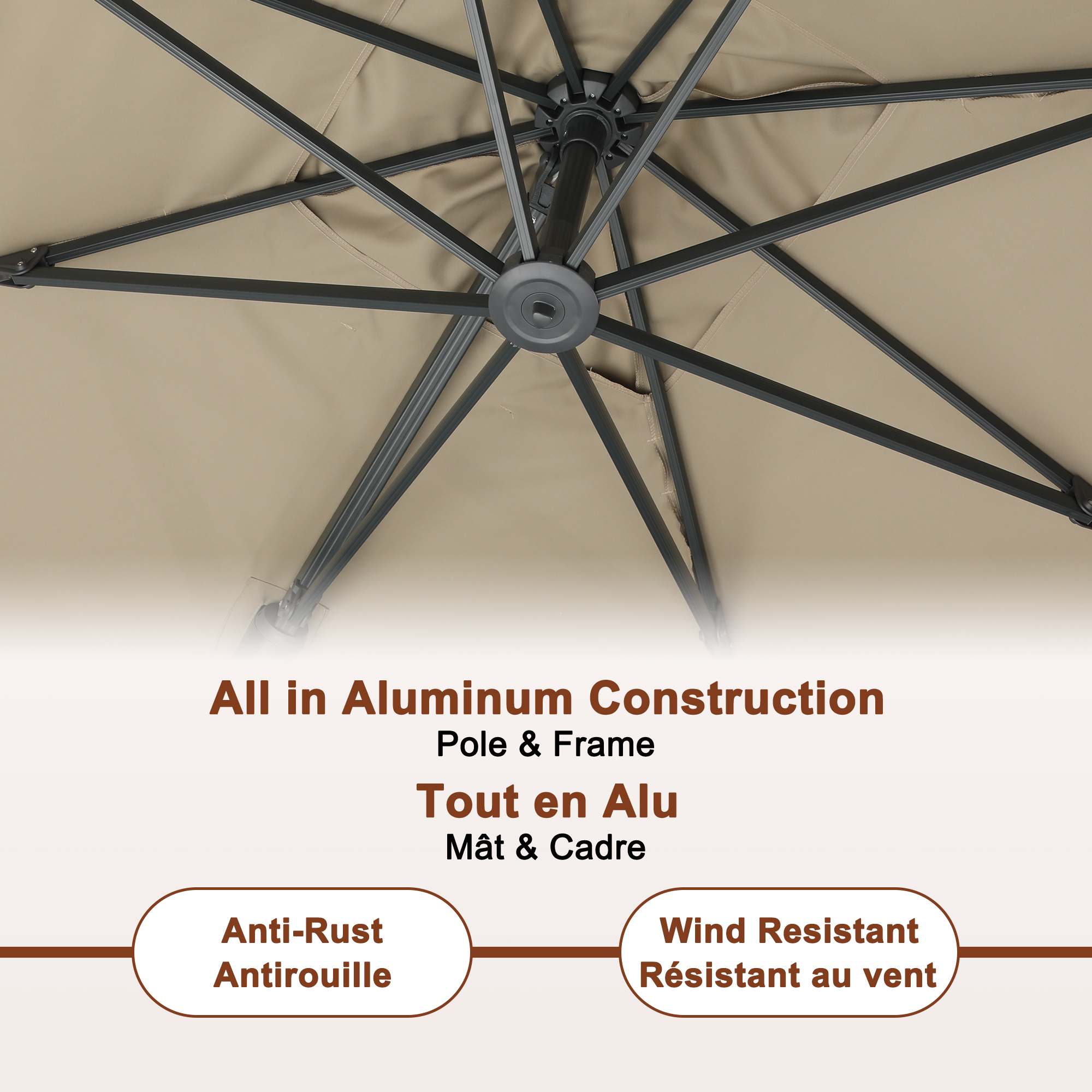 Square Aluminum Cantilever Patio Umbrella with 90° Tilt, LED & Bluetooth Mood Light, and Base Included