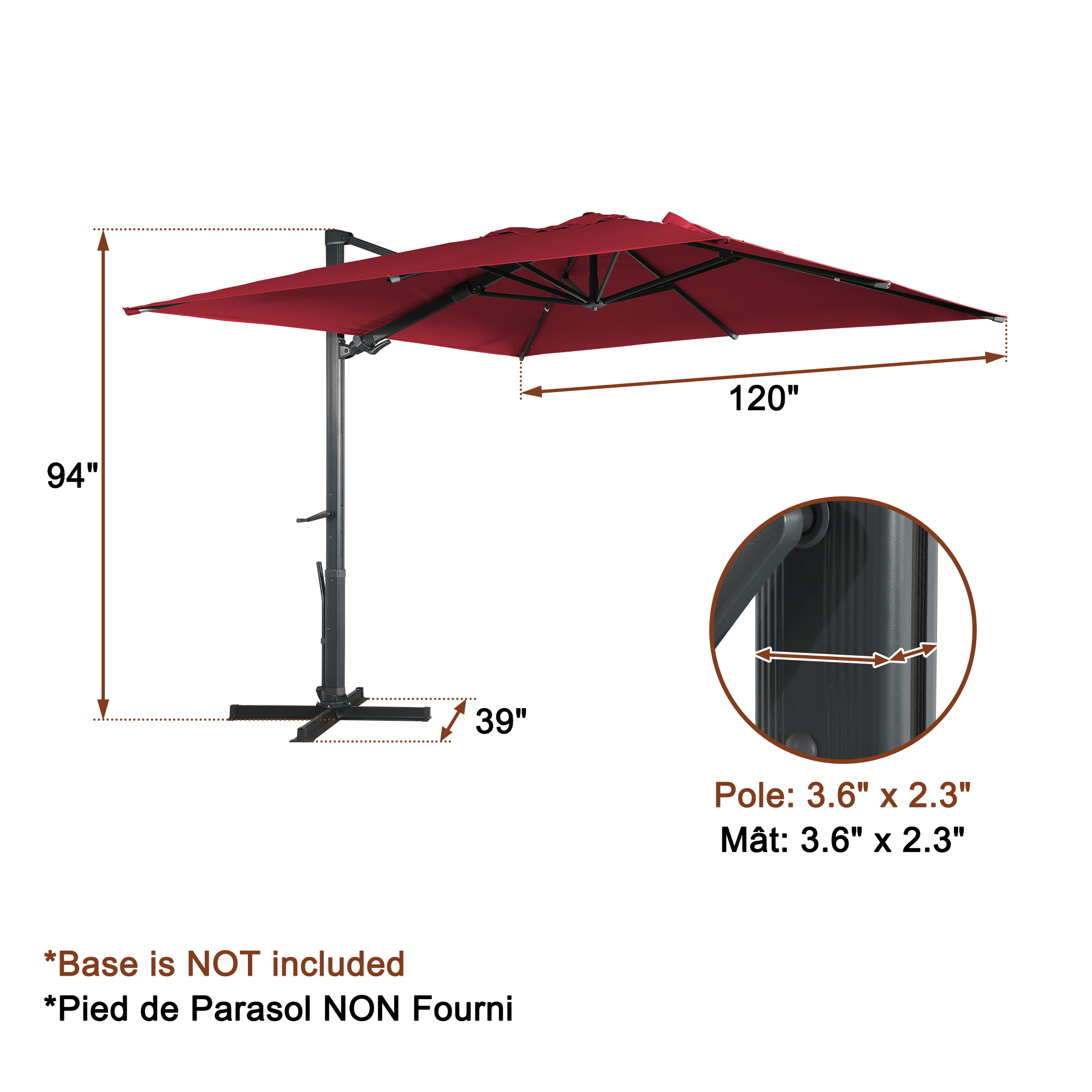 Square Aluminum Cantilever Patio Umbrella with 90° Tilt, LED & Bluetooth Mood Light, and Base Included