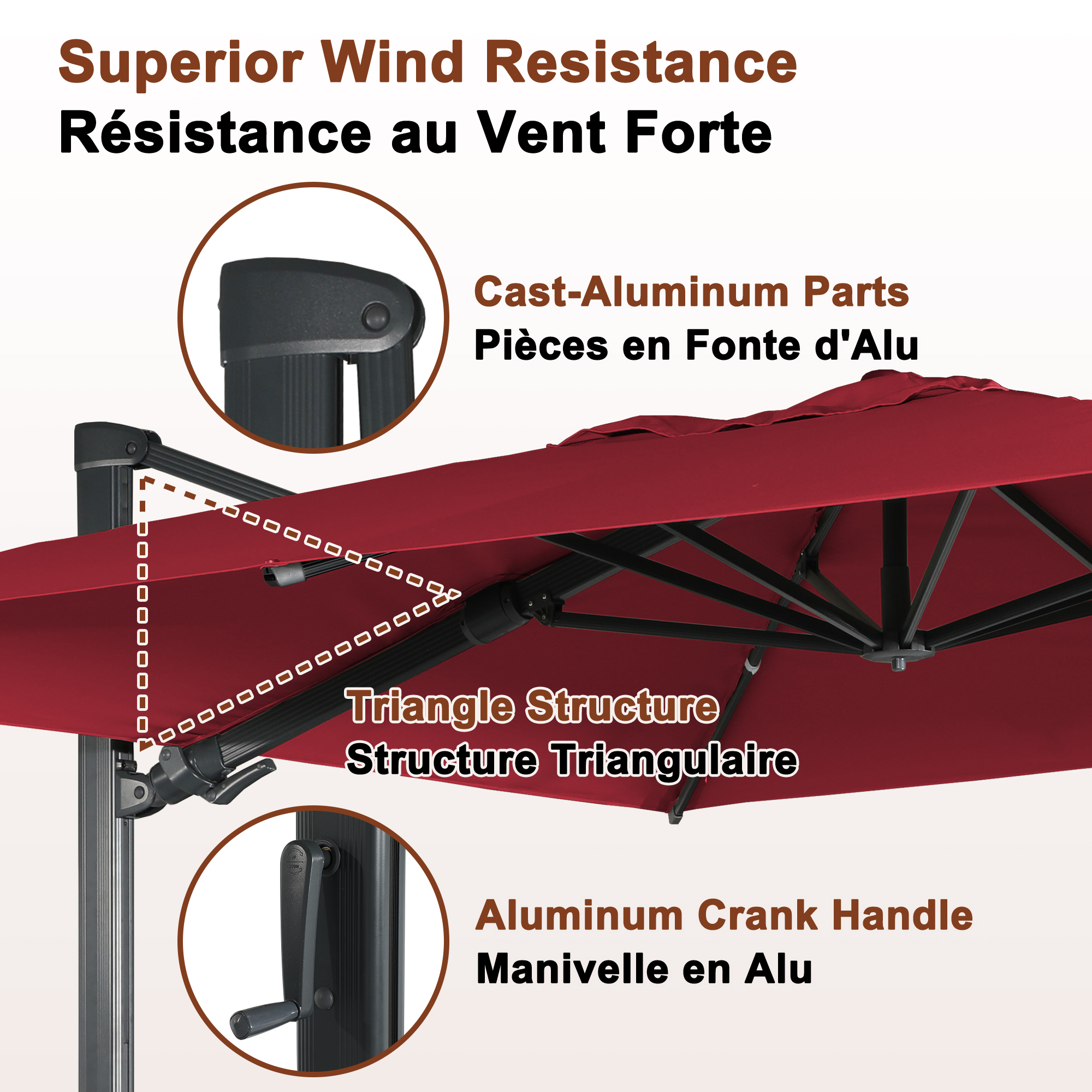 Square Aluminum Cantilever Patio Umbrella with 90° Tilt, LED & Bluetooth Mood Light, and Base Included