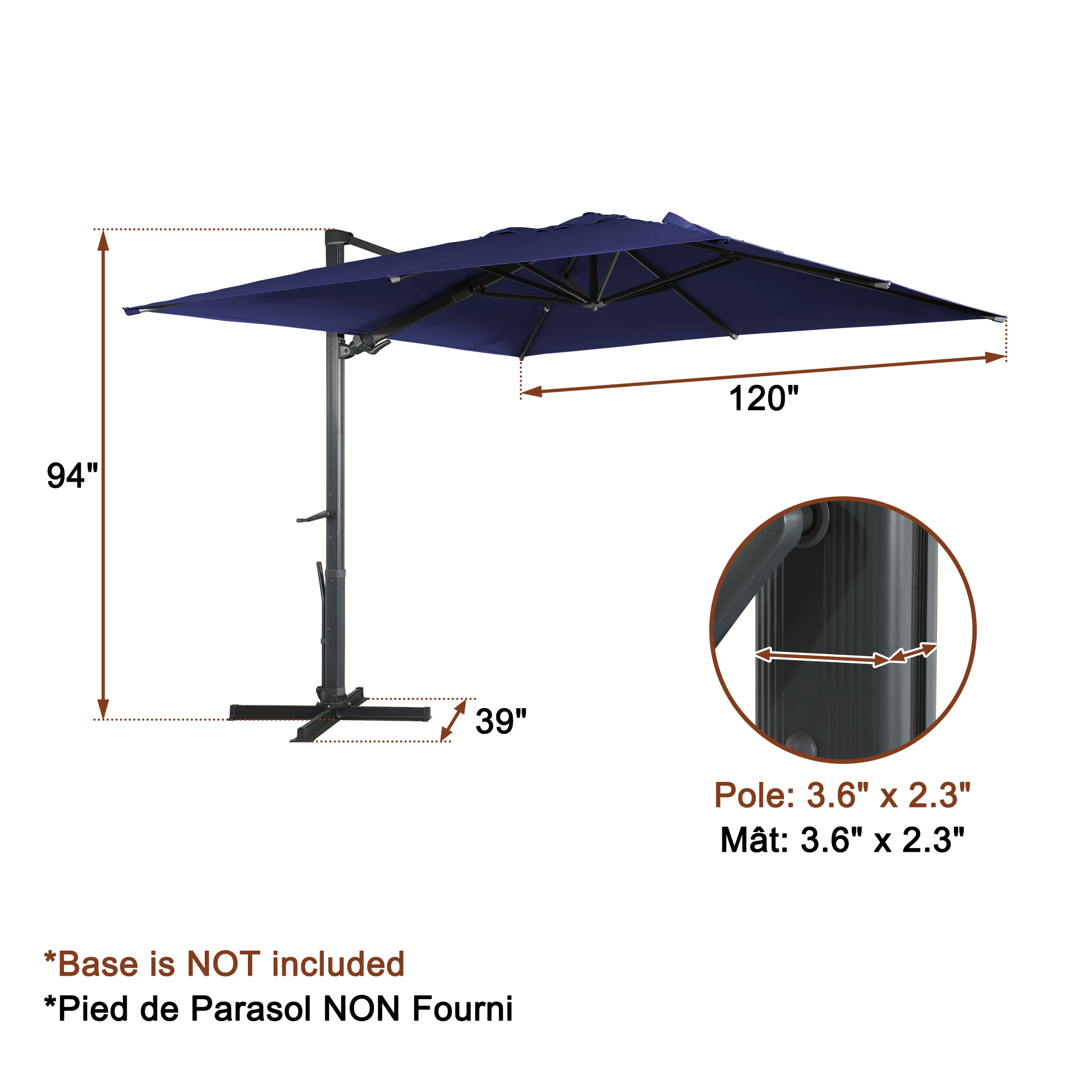 Square Aluminum Cantilever Patio Umbrella with 90° Tilt, LED & Bluetooth Mood Light, and Base Included