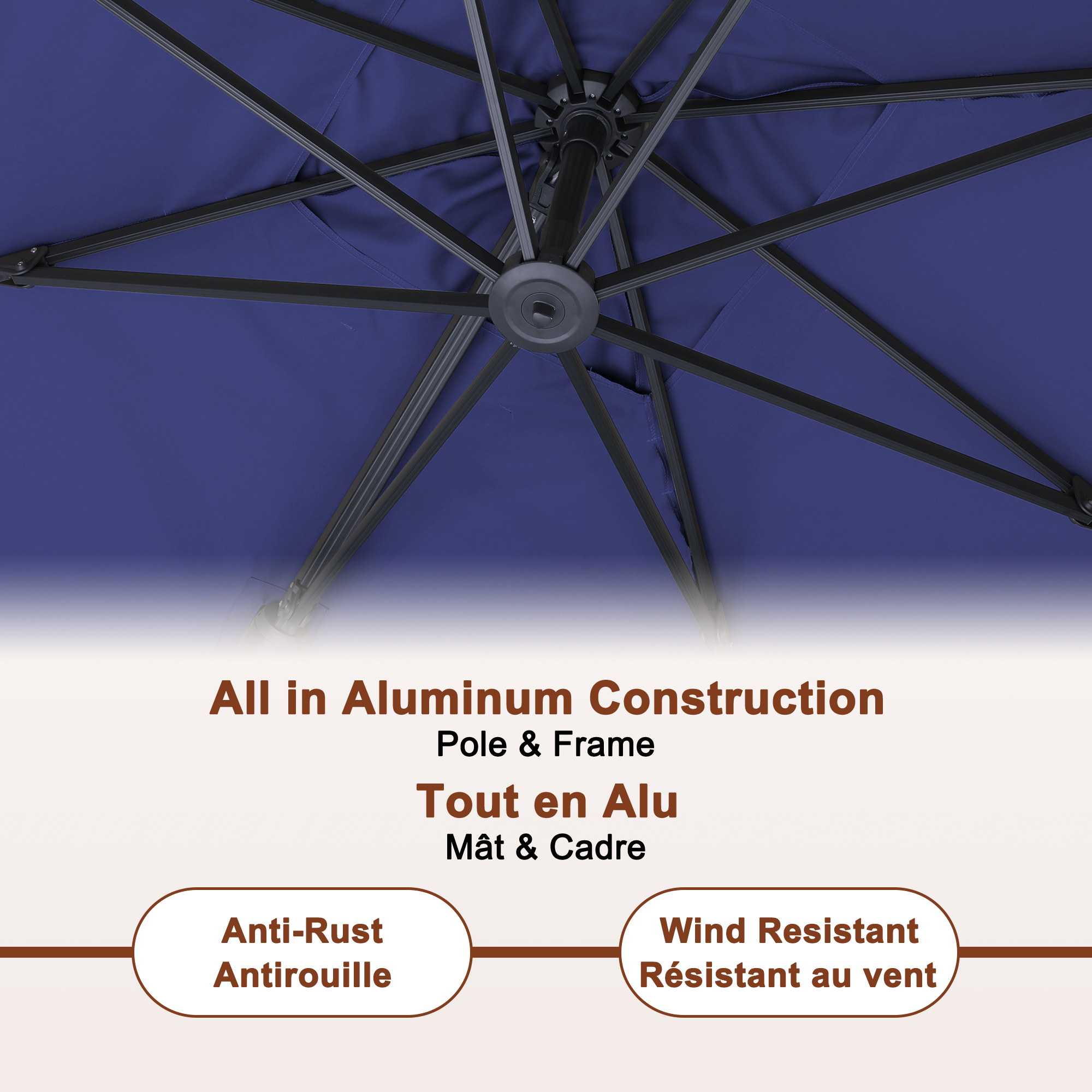 Square Aluminum Cantilever Patio Umbrella with 90° Tilt, LED & Bluetooth Mood Light, and Base Included