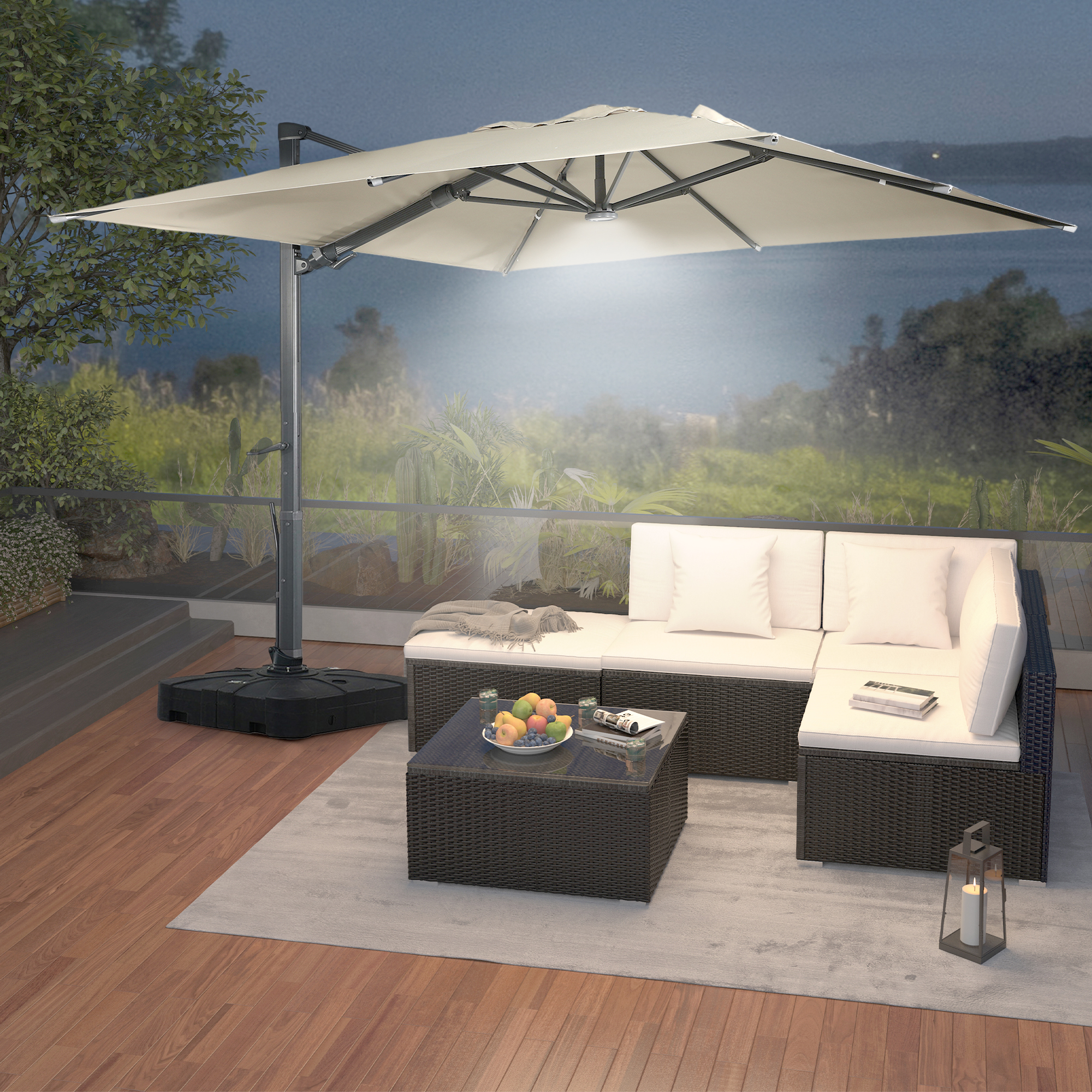 Square Aluminum Cantilever Patio Umbrella with 90° Tilt, LED & Bluetooth Mood Light, and Base Included