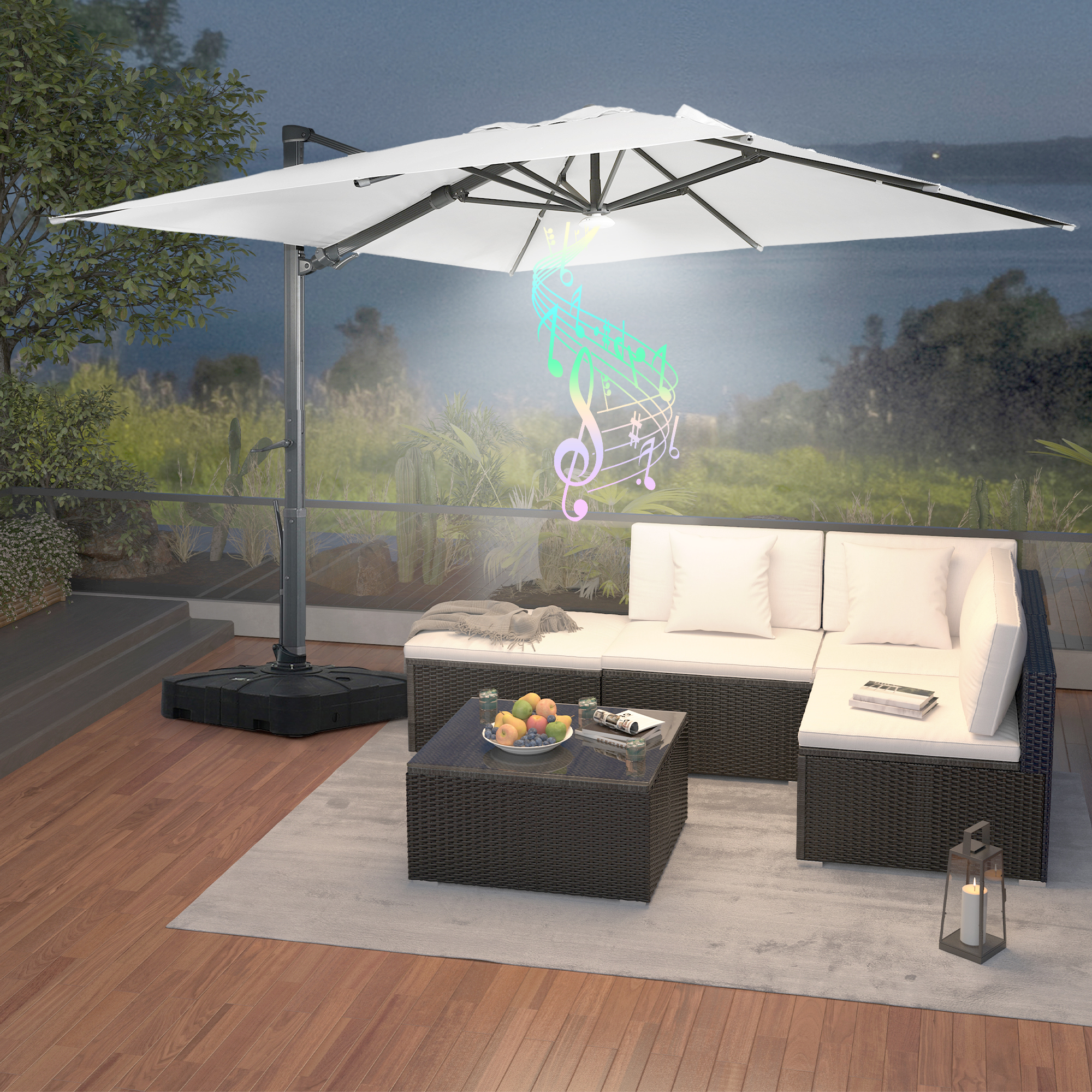 Square Aluminum Cantilever Patio Umbrella with 90° Tilt, LED & Bluetooth Mood Light, and Base Included