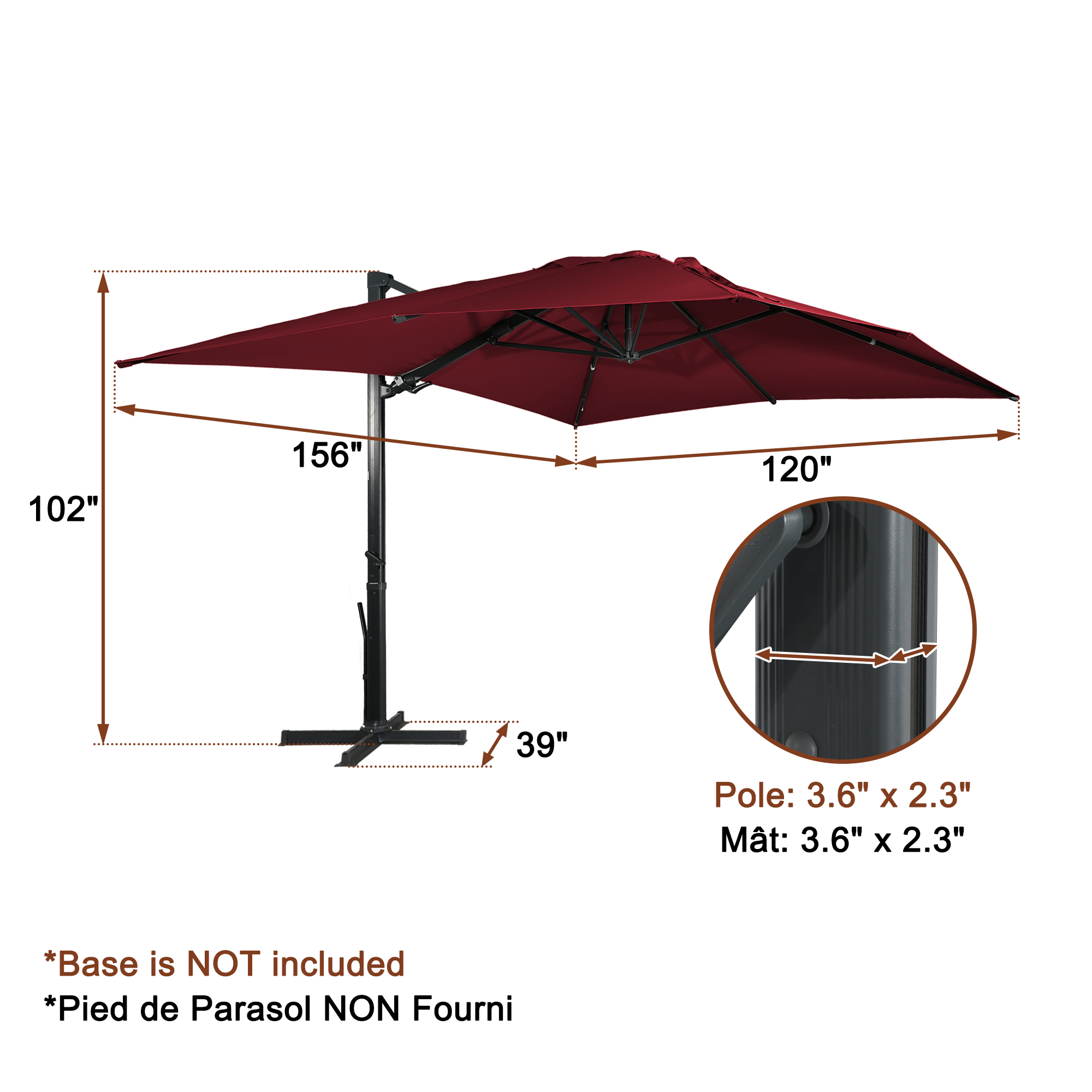 Square Aluminum Cantilever Patio Umbrella with 90° Tilt, LED & Bluetooth Mood Light, and Base Included