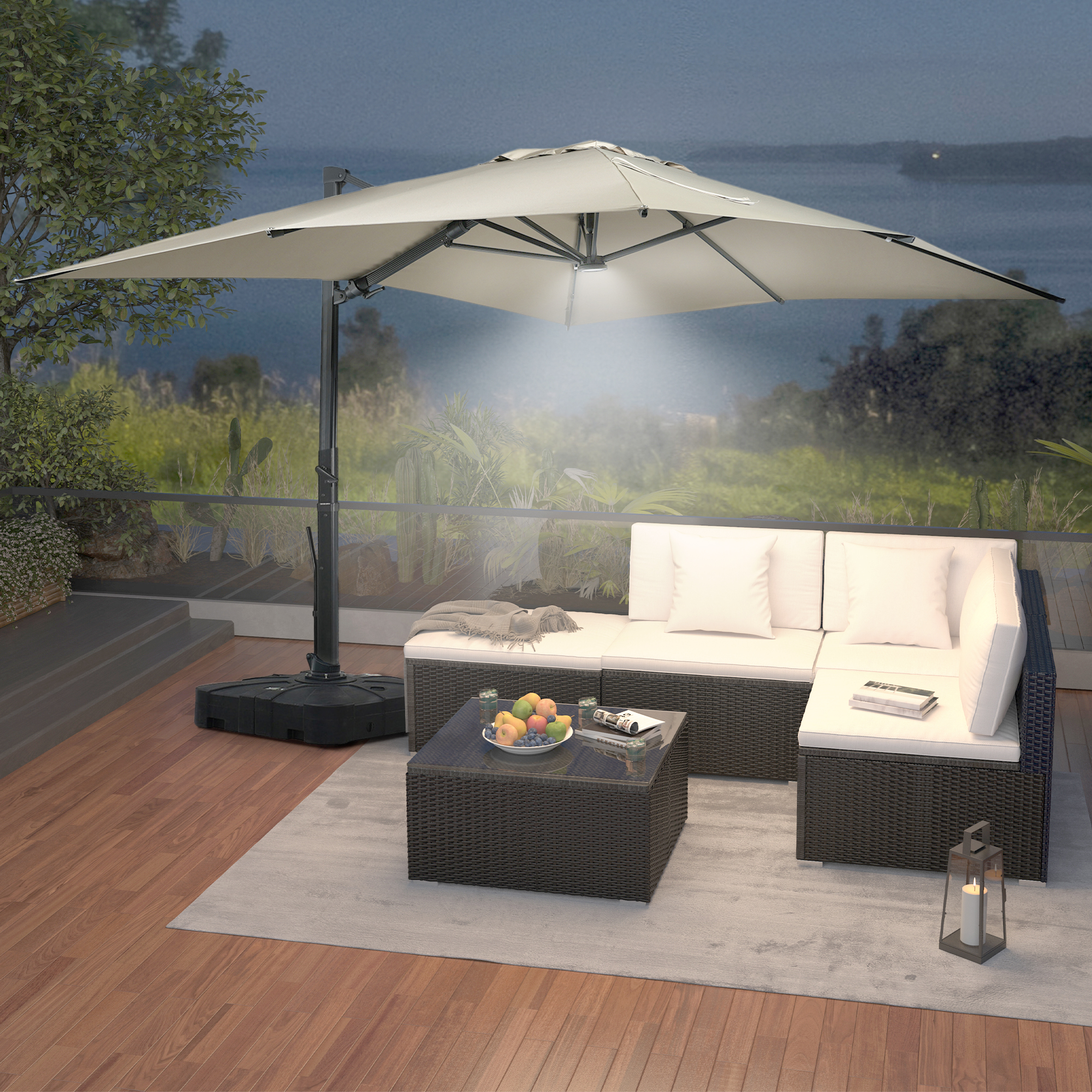 Square Aluminum Cantilever Patio Umbrella with 90° Tilt, LED & Bluetooth Mood Light, and Base Included