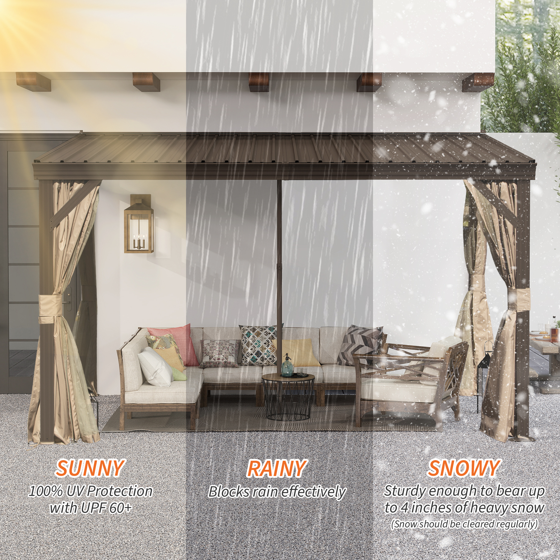 Hardtop Wall Mounted Gazebo with Sloping Galvanized Steel Roof, Aluminum Frame, Drainage System, Curtains and Netting, for Patio, Deck, Garden, Backyard