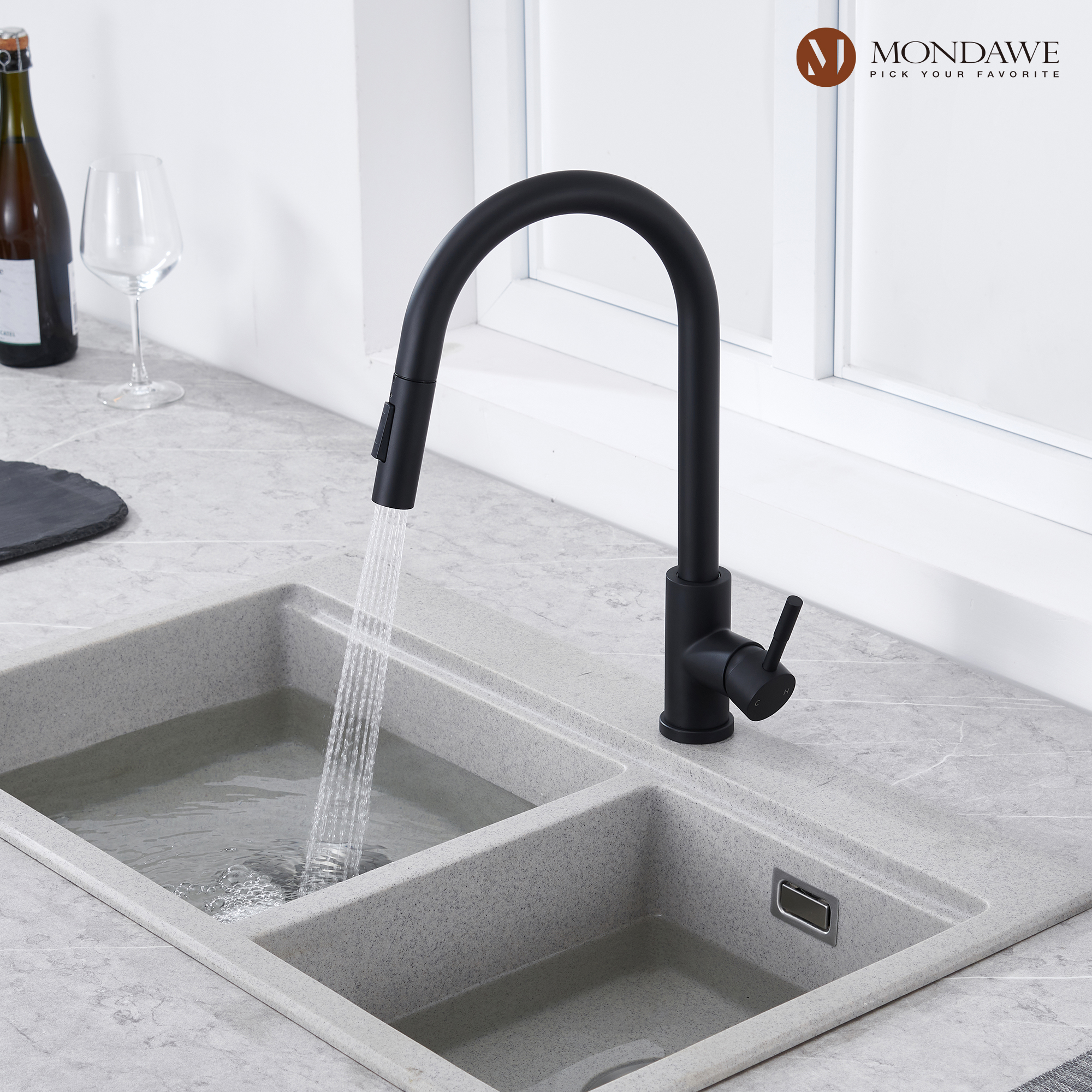 High Arc Pull Down Single Handle Kitchen Faucet with Accessories-Mondawe
