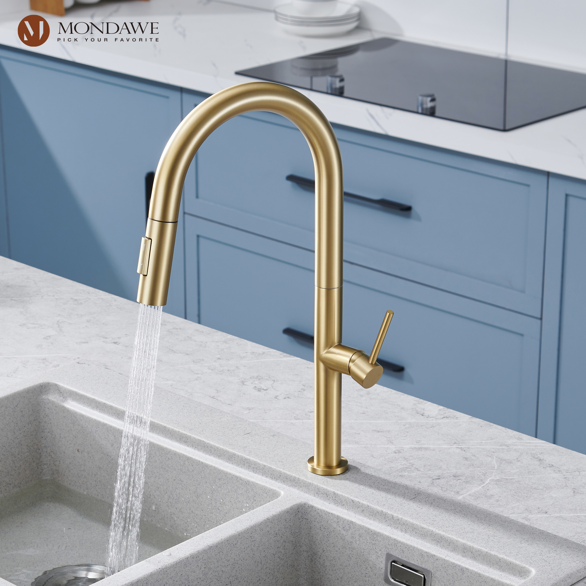 Single Handle Deck Mount High Arc Pull Down Kitchen Faucet with Accessories-Mondawe