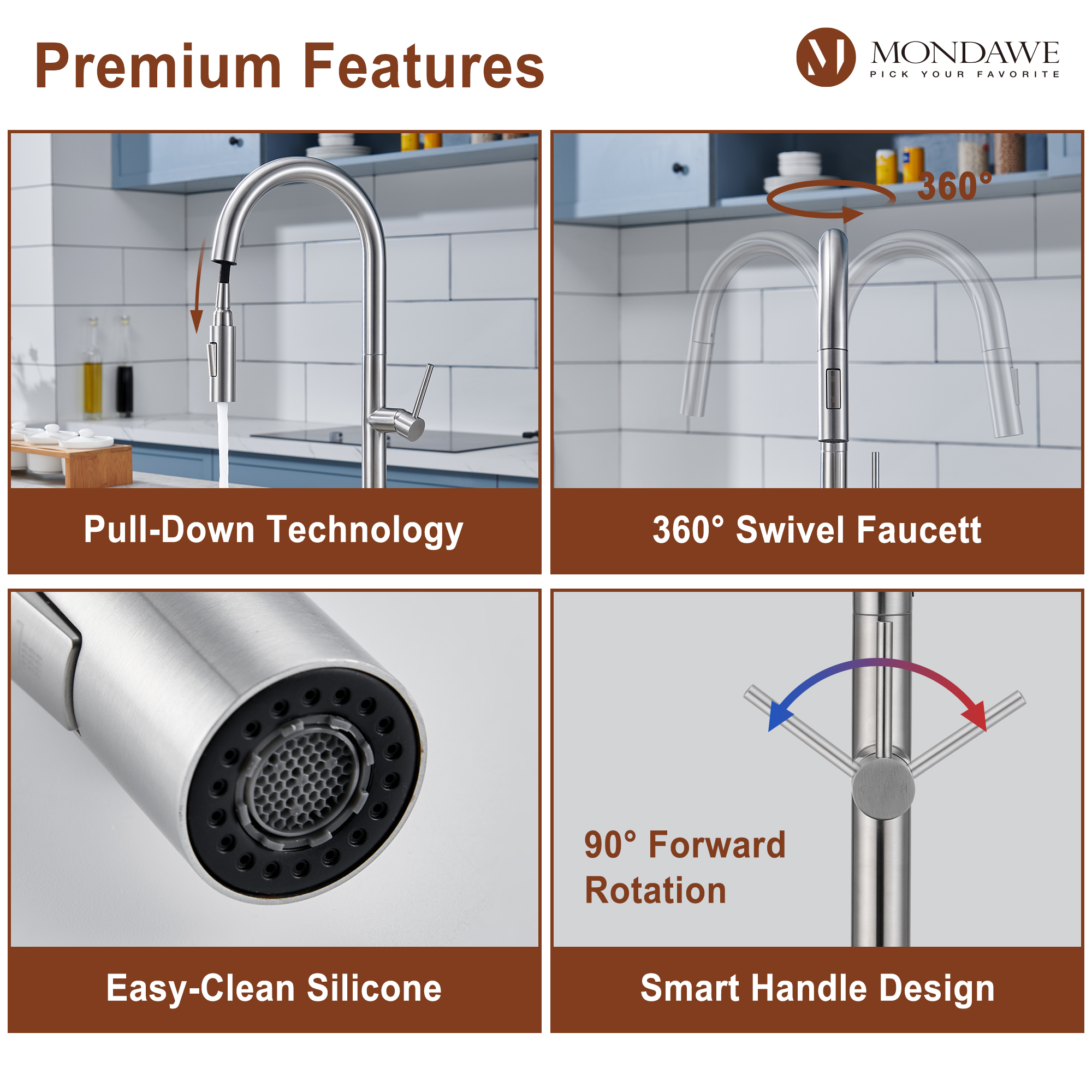 Single Handle Deck Mount High Arc Pull Down Kitchen Faucet with Accessories-Mondawe