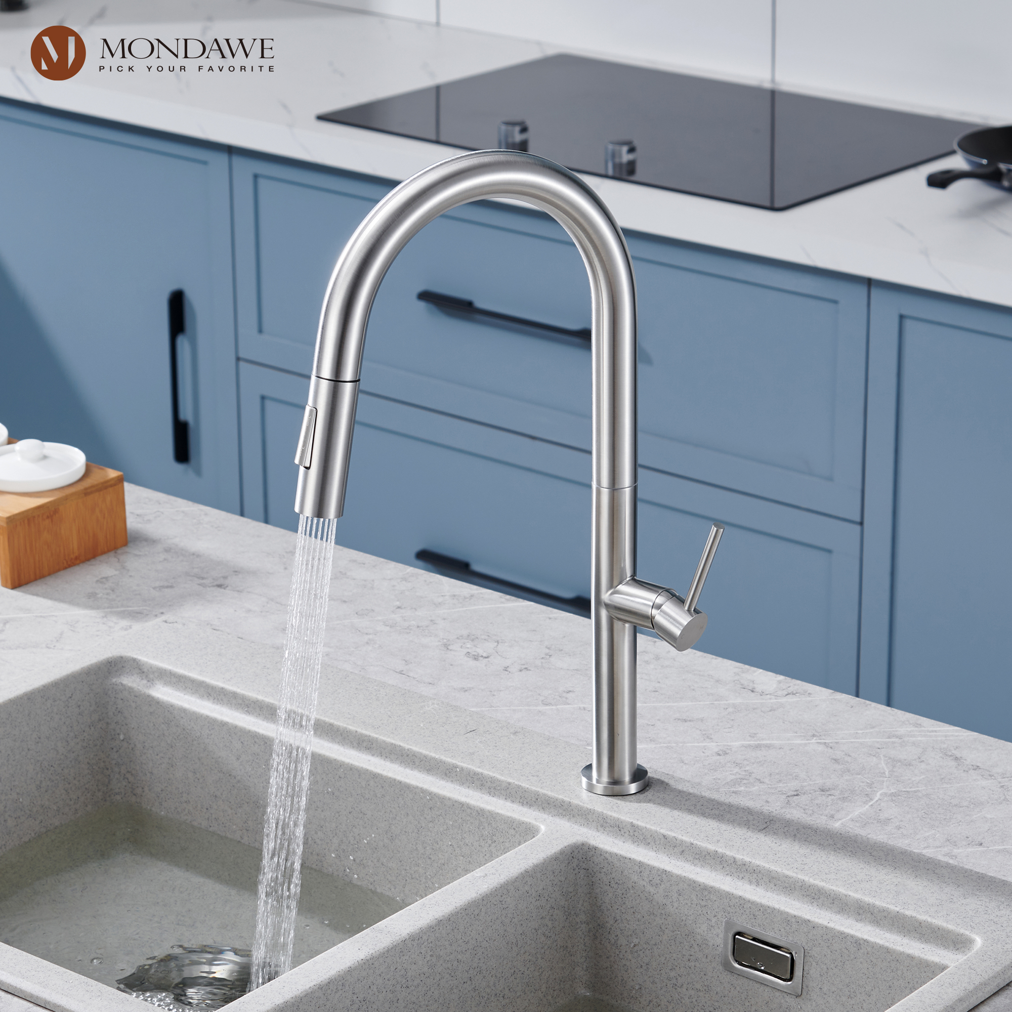 Single Handle Deck Mount High Arc Pull Down Kitchen Faucet with Accessories-Mondawe