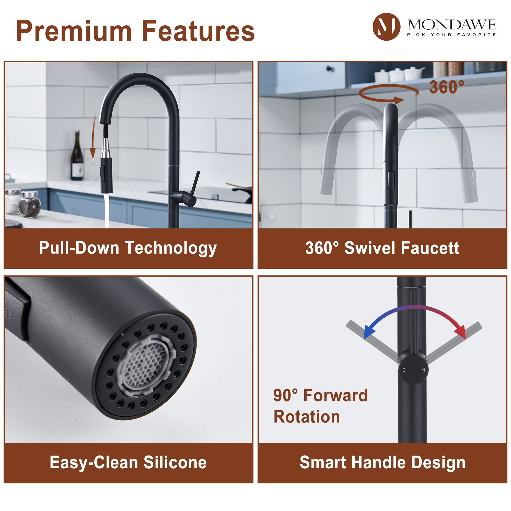 Single Handle Deck Mount High Arc Pull Down Kitchen Faucet with Accessories-Mondawe