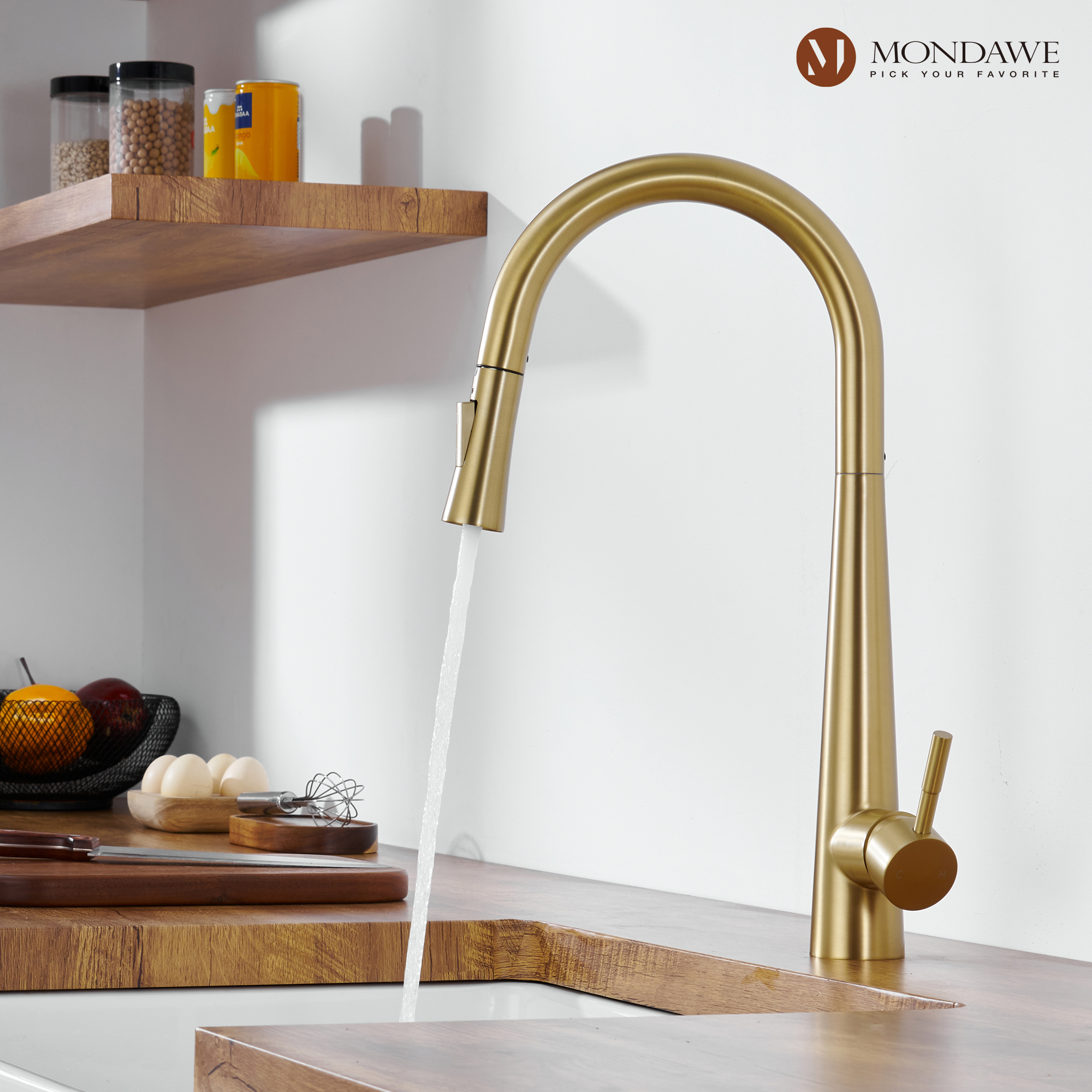 High Arc Pull Down Single Handle Kitchen Faucet with Accessories-Mondawe