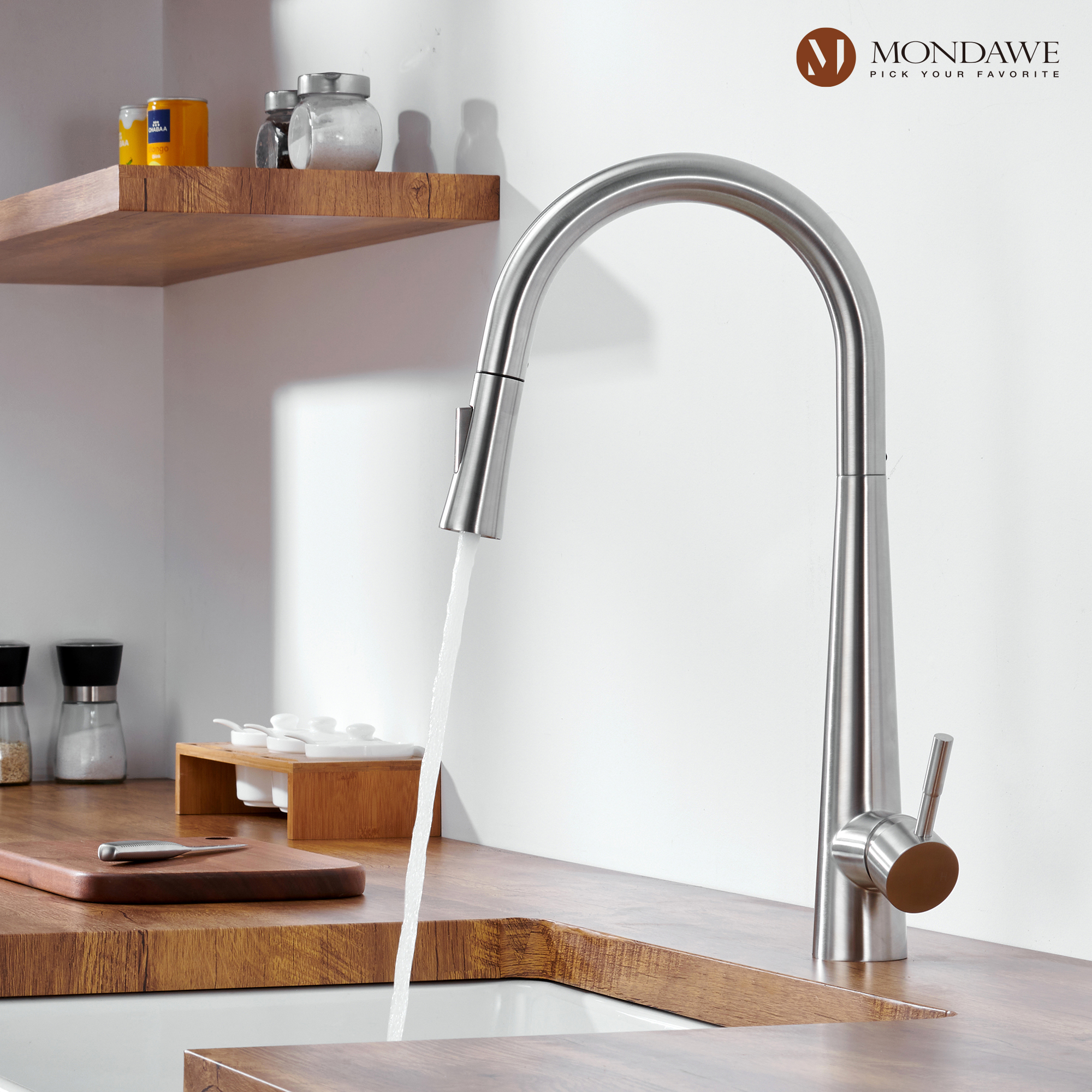High Arc Pull Down Single Handle Kitchen Faucet with Accessories-Mondawe