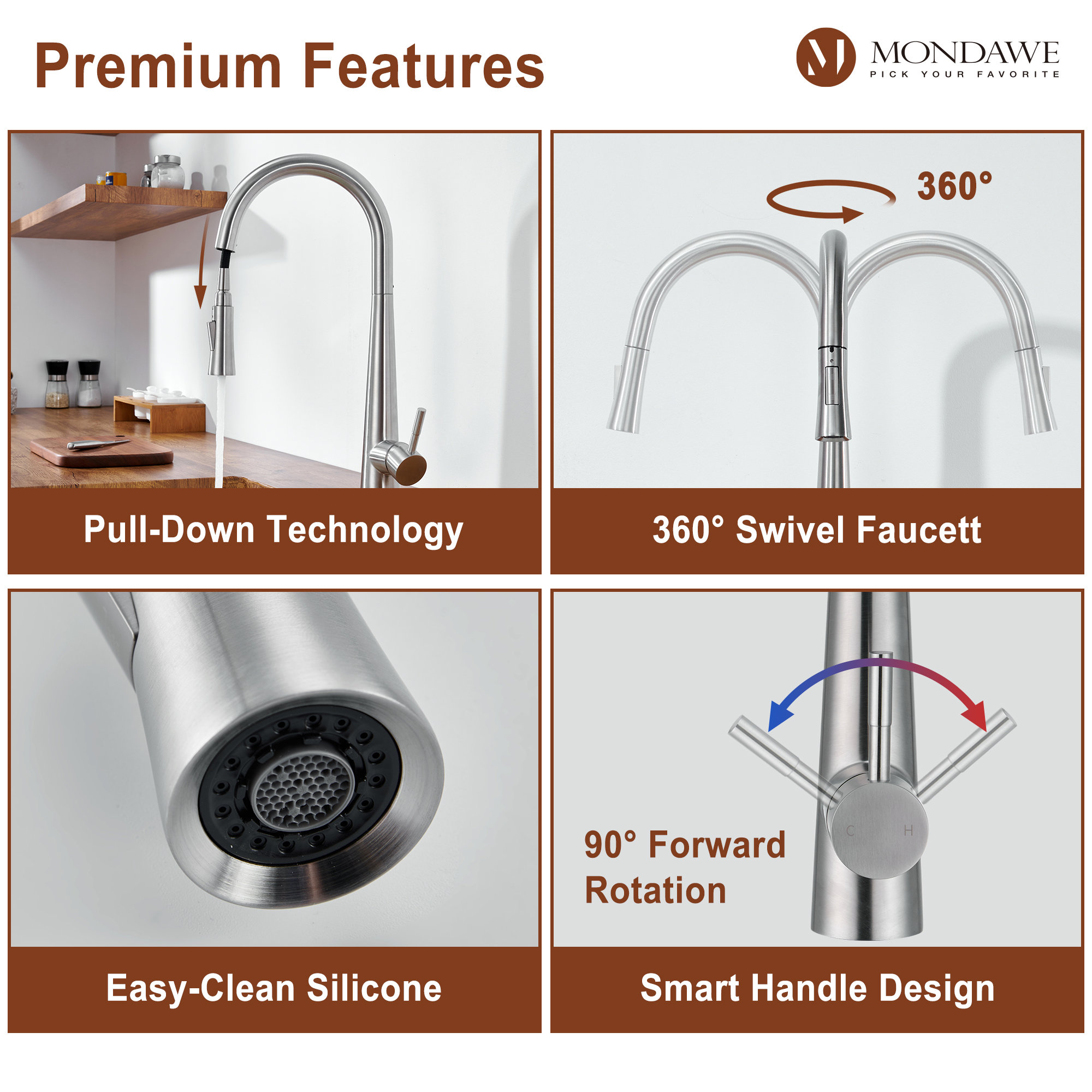 High Arc Pull Down Single Handle Kitchen Faucet with Accessories-Mondawe