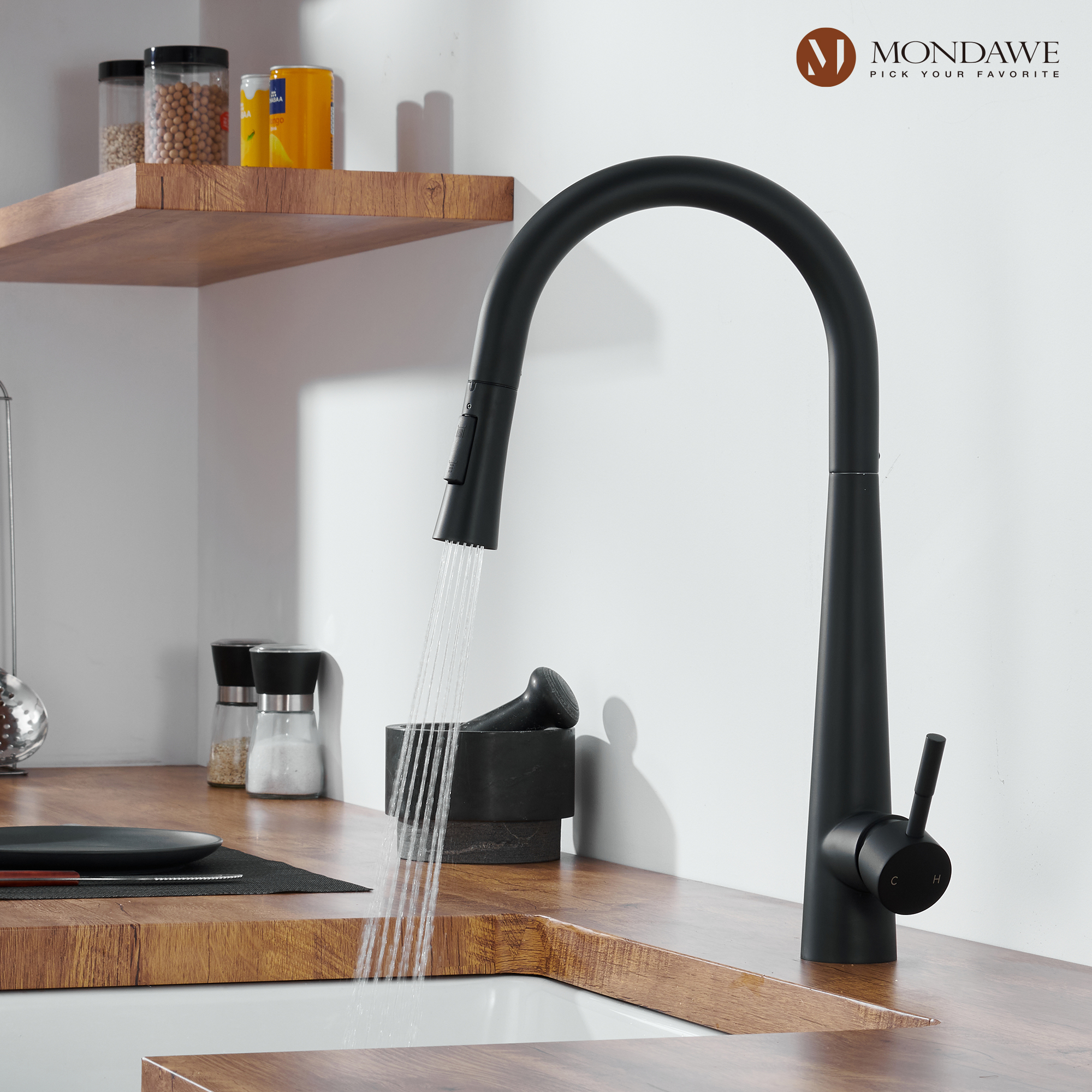 High Arc Pull Down Single Handle Kitchen Faucet with Accessories-Mondawe