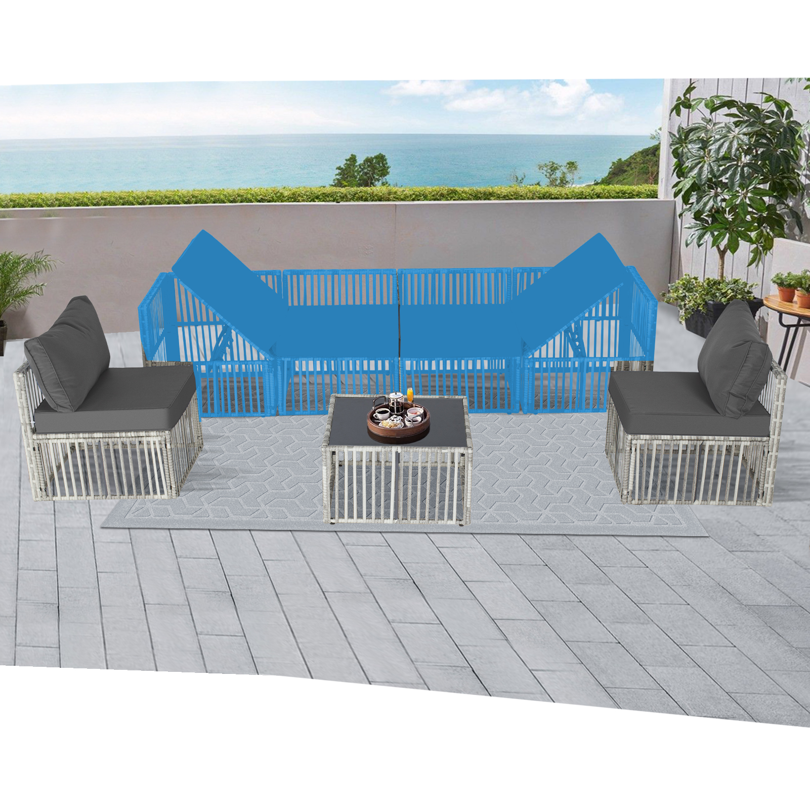 7-Piece Outdoor Patio Furniture Set – PE Rattan Sectional Sofa with Cushions & Coffee Table, All-Weather Wicker, Removable Covers，Gray/Blue/Brown