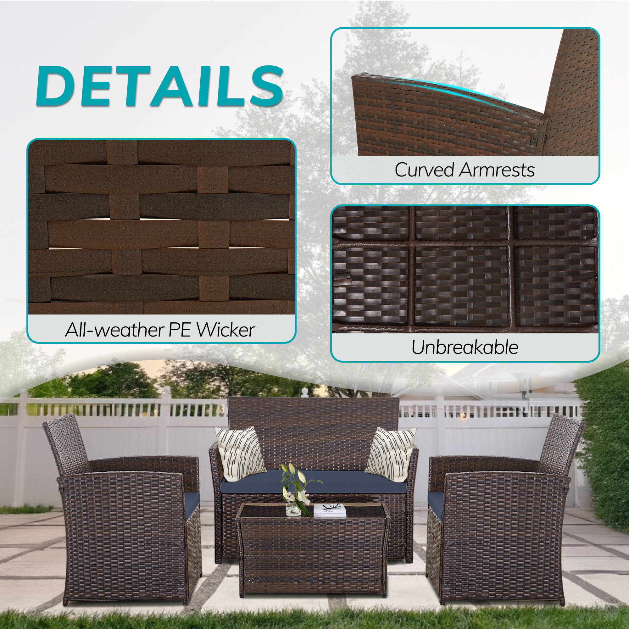 4-Piece PE Rattan Patio Furniture Set – Double Sofa, 2 Armchairs, Coffee Table with Cushions, Weather-Resistant Outdoor Conversation Set, Brown-Blue/Gray/Black-Gray/Black-Blue