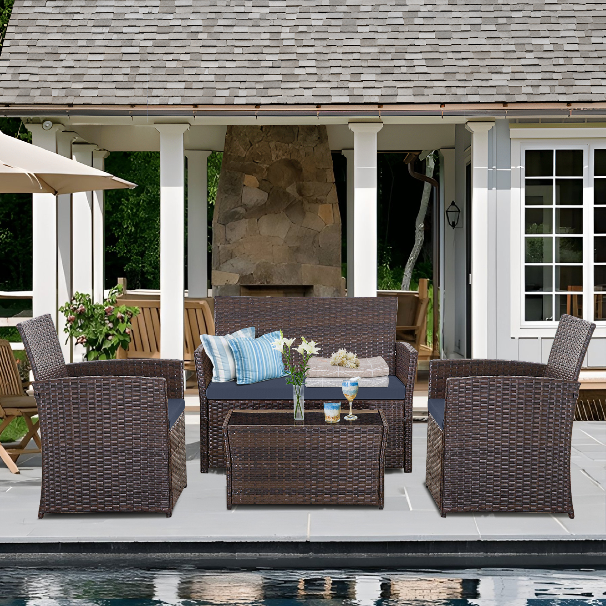 4-Piece PE Rattan Patio Furniture Set – Double Sofa, 2 Armchairs, Coffee Table with Cushions, Weather-Resistant Outdoor Conversation Set, Brown-Blue/Gray/Black-Gray/Black-Blue