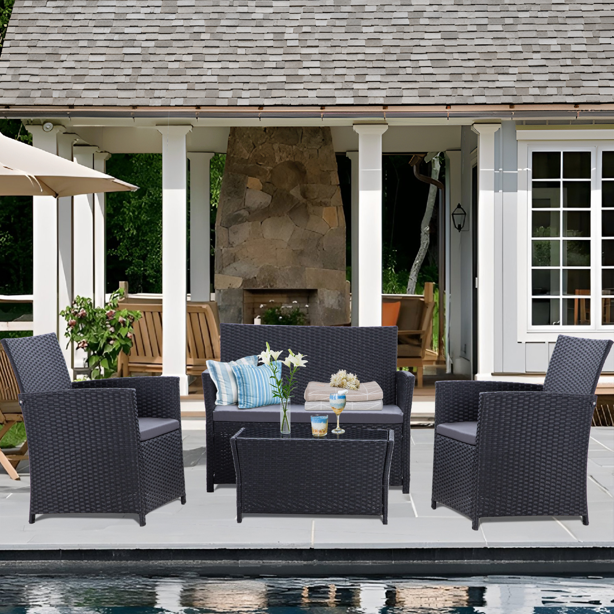 4-Piece PE Rattan Patio Furniture Set – Double Sofa, 2 Armchairs, Coffee Table with Cushions, Weather-Resistant Outdoor Conversation Set, Brown-Blue/Gray/Black-Gray/Black-Blue