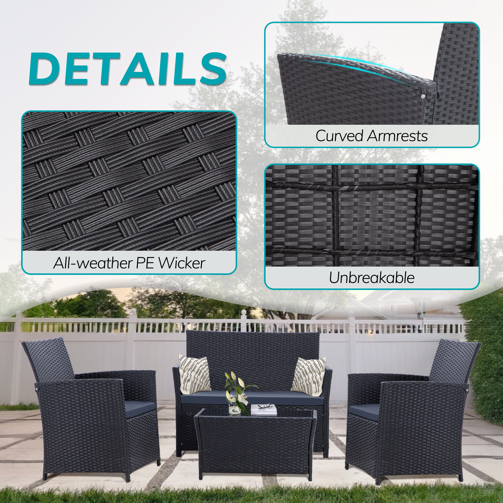 4-Piece PE Rattan Patio Furniture Set – Double Sofa, 2 Armchairs, Coffee Table with Cushions, Weather-Resistant Outdoor Conversation Set, Brown-Blue/Gray/Black-Gray/Black-Blue