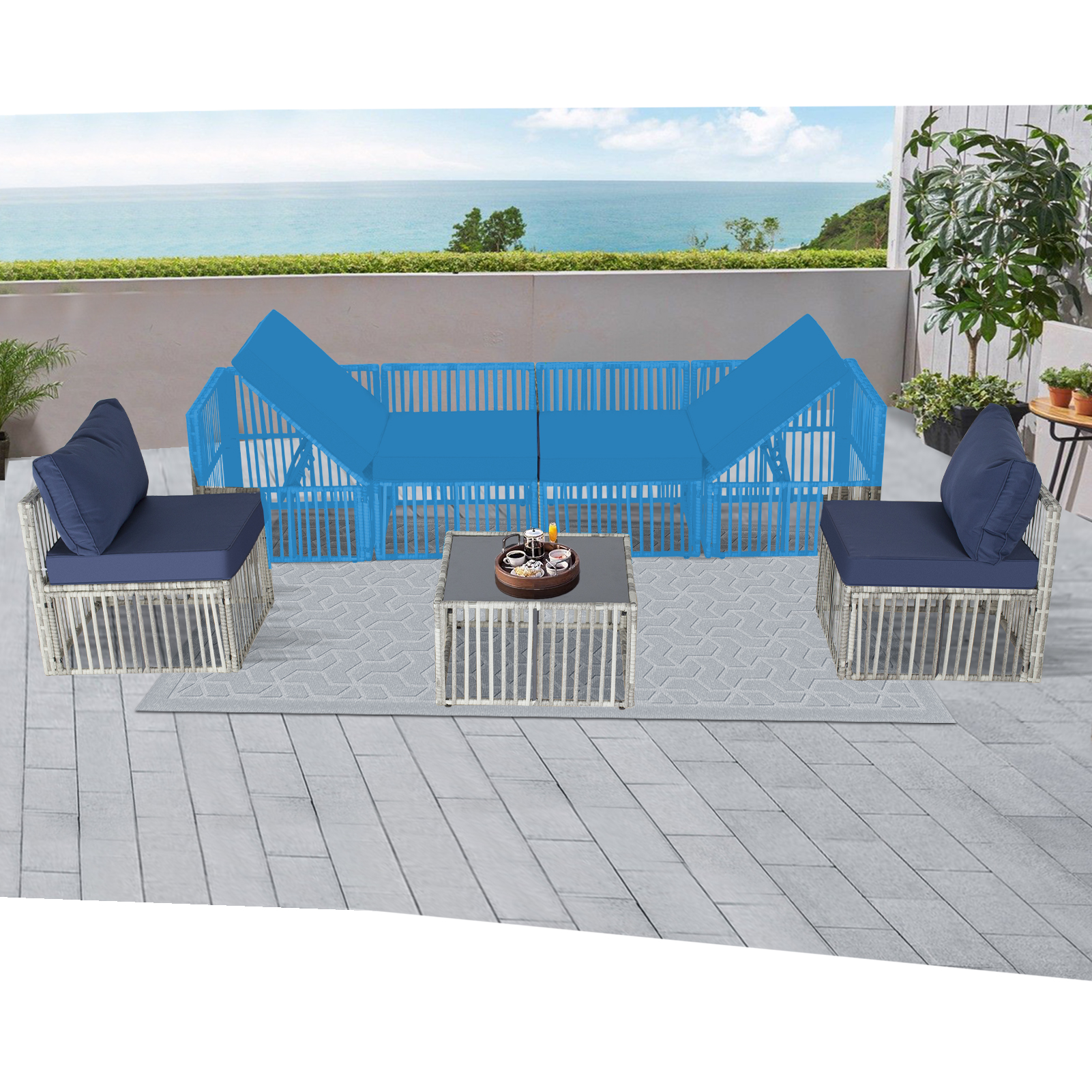 7-Piece Outdoor Patio Furniture Set – PE Rattan Sectional Sofa with Cushions & Coffee Table, All-Weather Wicker, Removable Covers，Gray/Blue/Brown