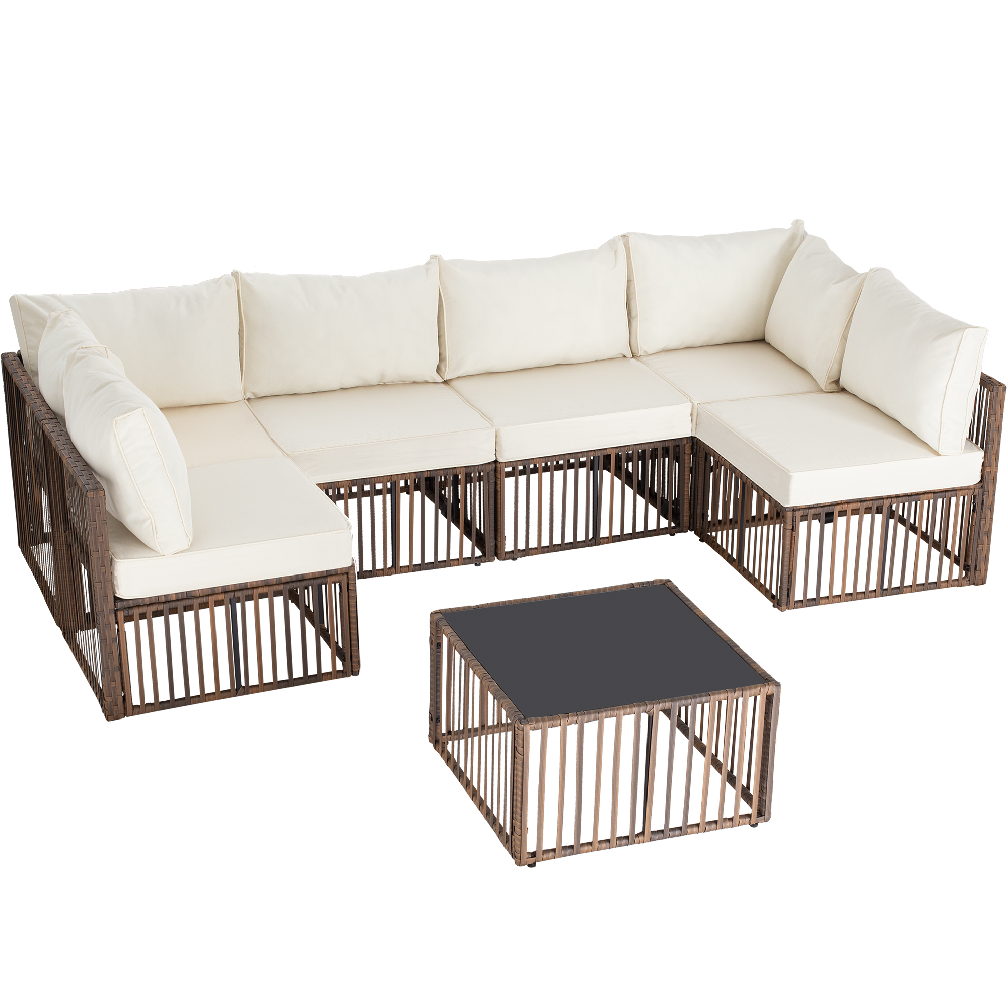 7-Piece Outdoor Patio Furniture Set – PE Rattan Sectional Sofa with Cushions & Coffee Table, All-Weather Wicker, Removable Covers，Gray/Blue/Brown
