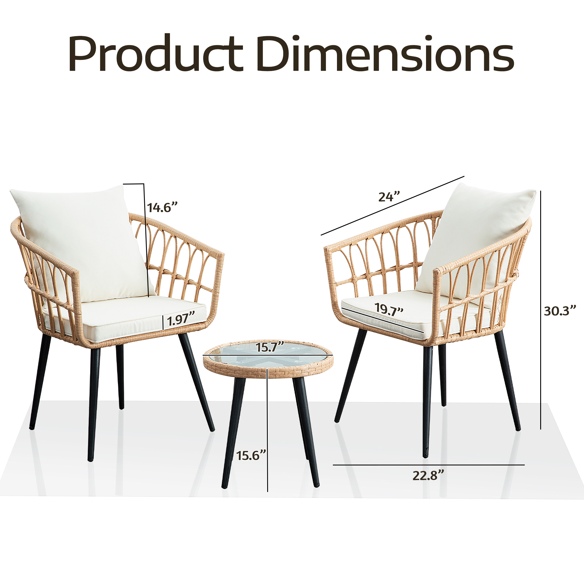 3-Piece PE Rattan Patio Bistro Set – 2 Chairs and 1 Coffee Table with Waterproof Cushions, Outdoor Furniture Set for Balcony/Garden, Beige