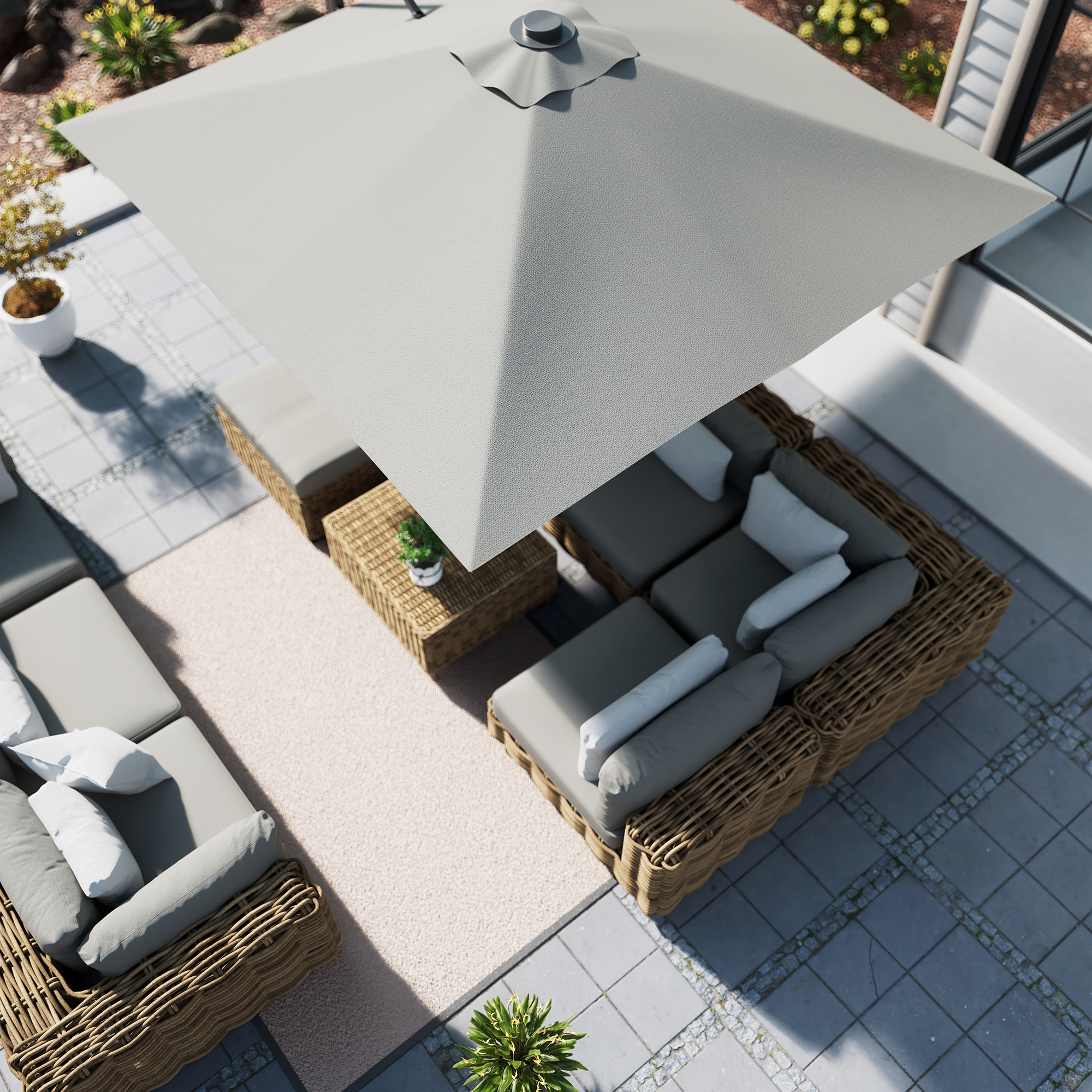 Square Aluminum Cantilever Patio Umbrella with 90° Tilt, LED & Bluetooth Mood Light, and Base Included