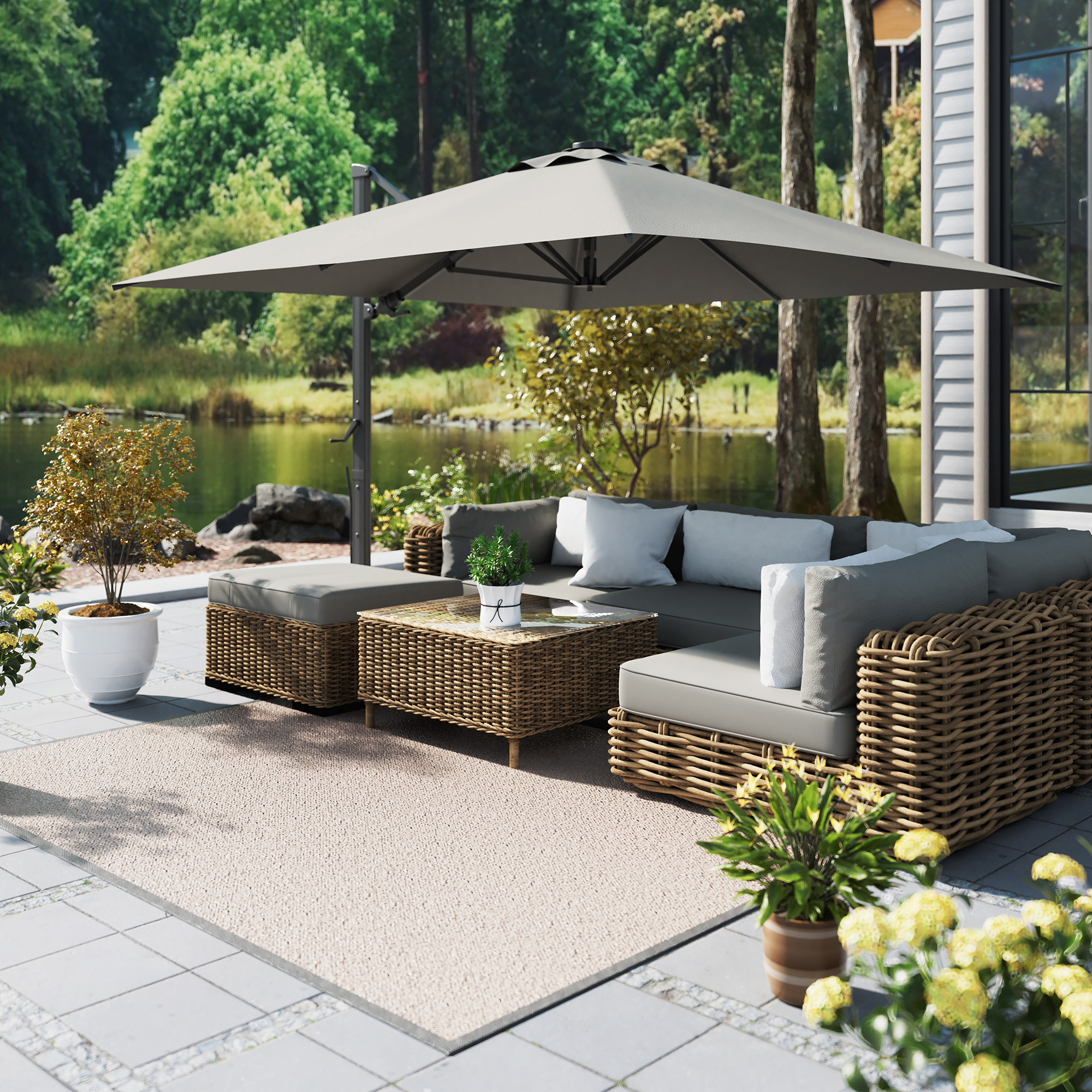 10ft Square Bluetooth Ambient Light 360° Rotation Outdoor Cantilever Tilt Patio Umbrella